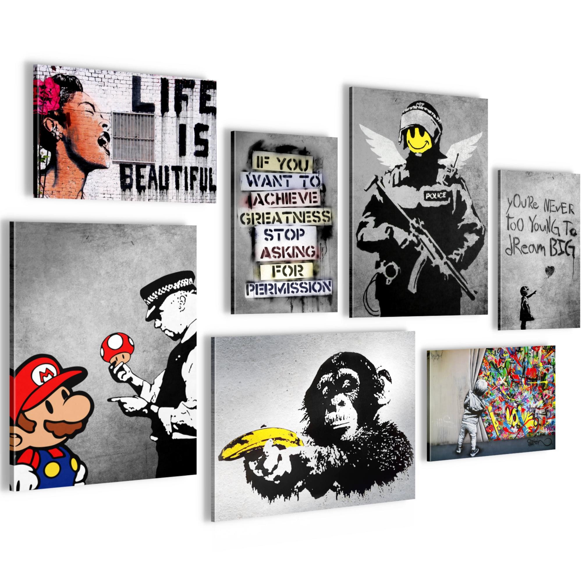 Novart Wandbild Set Banksy Graffiti Streetart Schlafzimmer Teenager, (7 St)