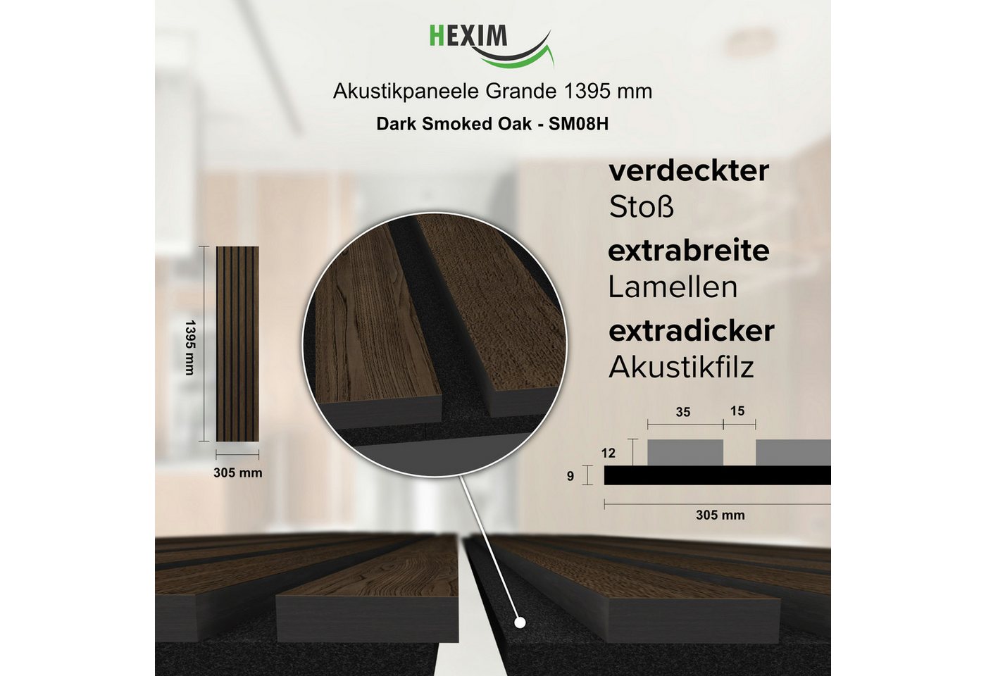 Thumbnail - Hexim Wandpaneel, (Akustikpaneele Holz 140x30cm Grande - 8er Set (3,355m) Holzpaneele 21mm Schalldämmung MDF Akustikfilz...