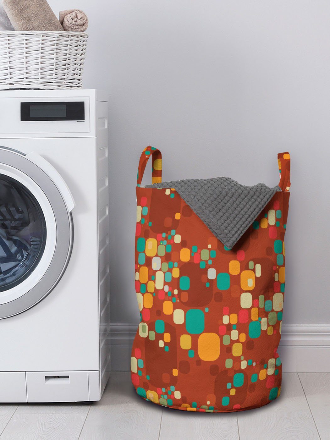 Kordelzugverschluss Griffen Wäschesäckchen abstraktes Abakuhaus mit Motiv für Buntes Wäschekorb Jahrgang Waschsalons,
