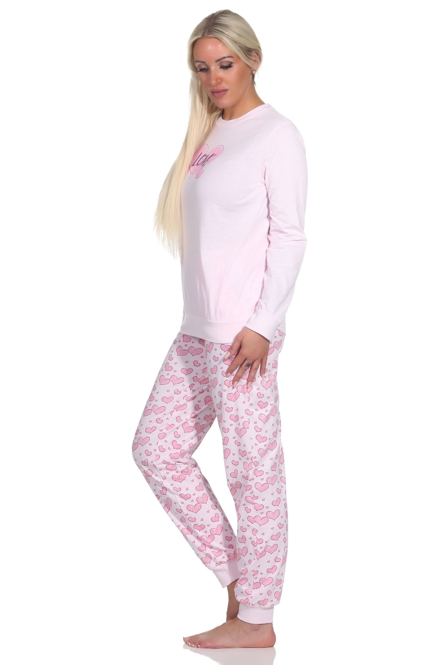 Schlafanzug Langarm Damen Herz Bündchen mit Motiv in Pyjama Optik rosa Normann