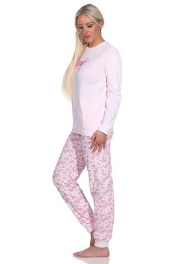 Normann Pyjama Damen Langarm Schlafanzug mit Bündchen in Herz Motiv Optik