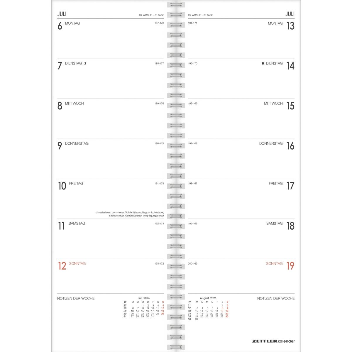 ZETTLER Buchkalender Vormerkbuch 718 10,5x29,7cm 1 Woche/1 Seite schwarz 2026
