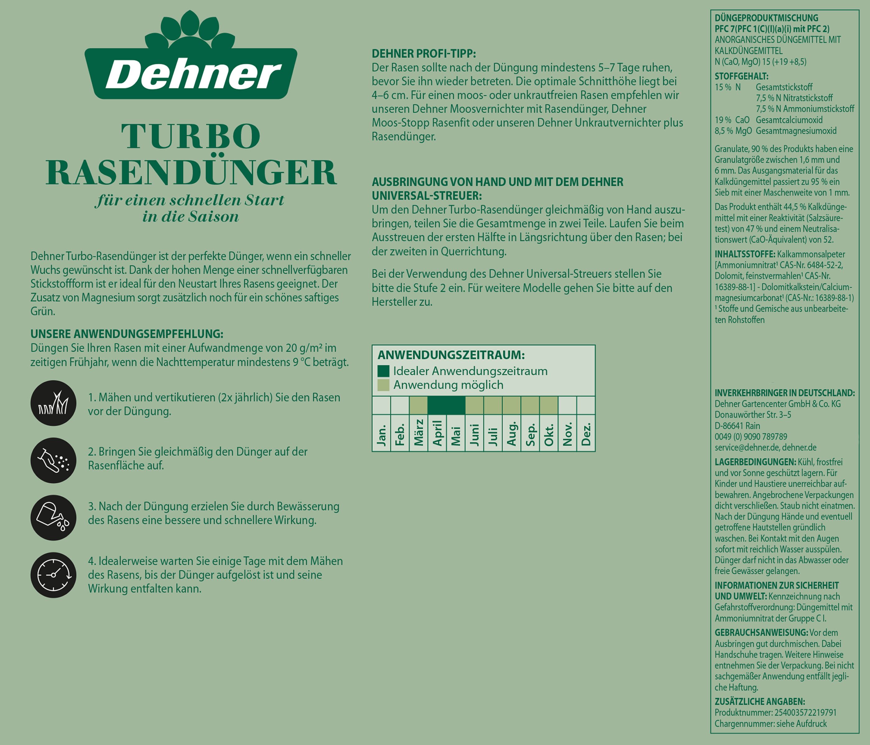 Dehner Rasensamen Turbo Rasendünger, für intensives Grün, 3 kg, reicht für 150 m², hoher Stickstoffgehalt, fördert Wachstum