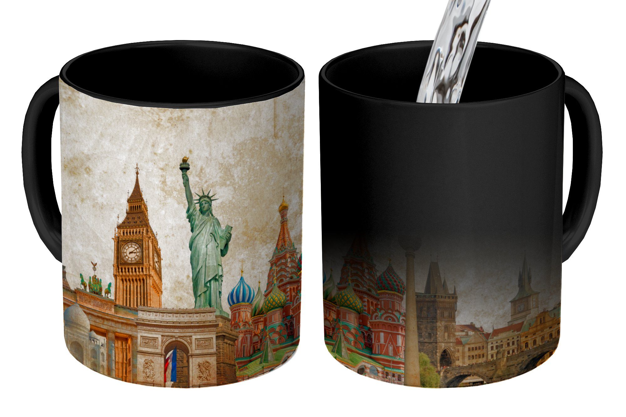 MuchoWow Tasse Amerika - Vintage - Gebäude - Collage, Keramik, Farbwechsel, Kaffeetassen, Teetasse, Zaubertasse, Geschenk
