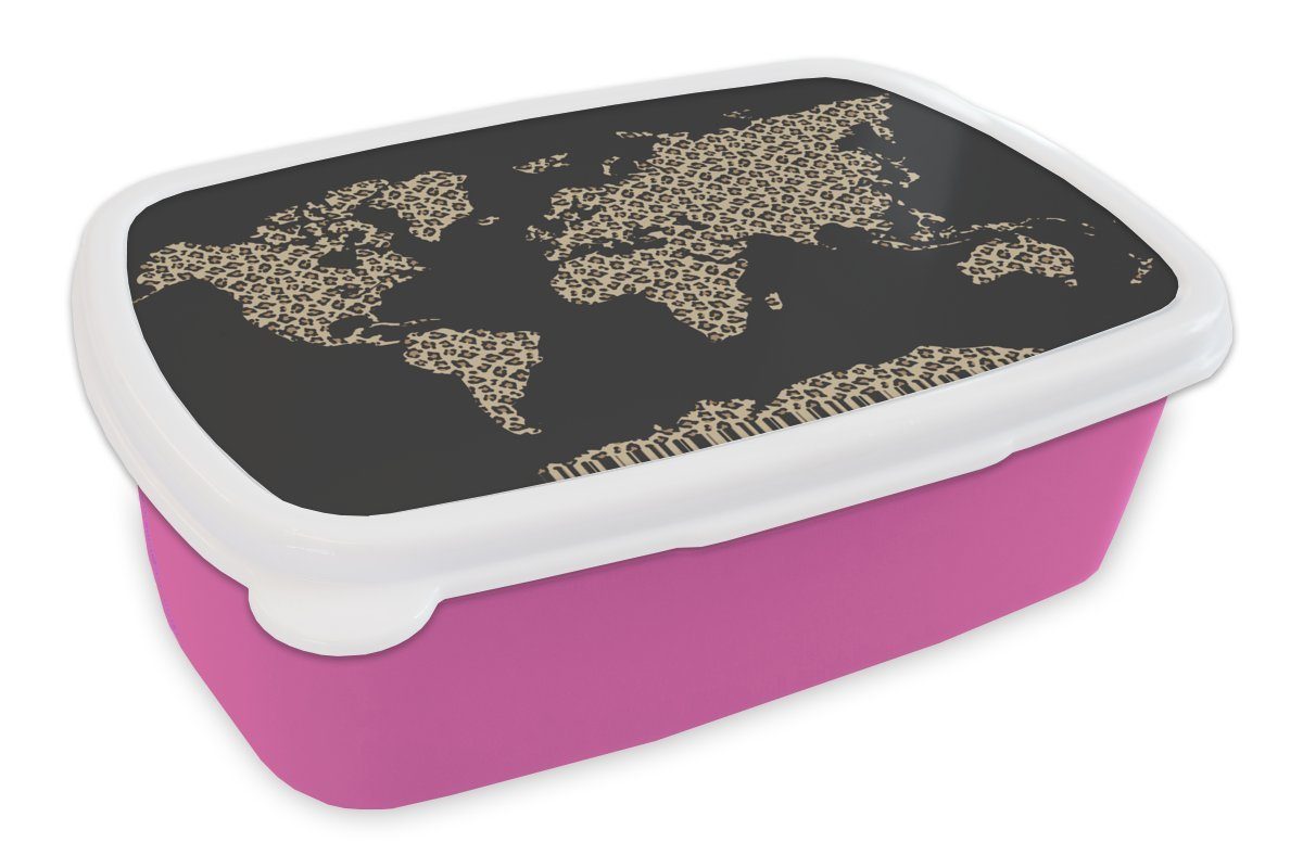 MuchoWow Lunchbox Weltkarte - Tiermotiv - Leopard, Kunststoff, (2-tlg), Brotbox für Erwachsene, Brotdose Kinder, Snackbox, Mädchen, Kunststoff rosa