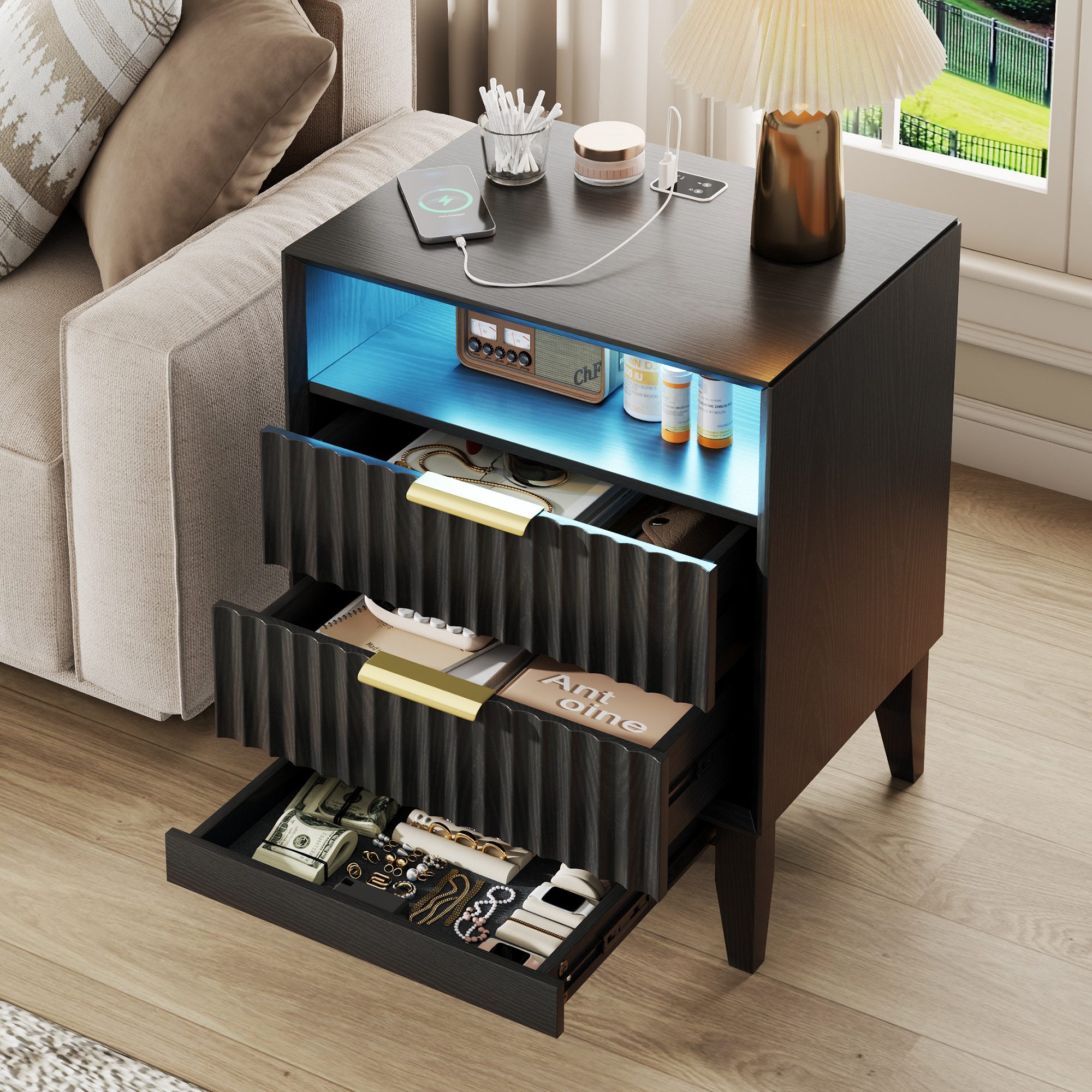 LVSOMT Nachttisch im Mid-Century-Modern-Stil, mit Ladestation und LED-Beleuchtung (1-St), versteckte Schublade mit RFID-Schloss & offenes Ablagefach