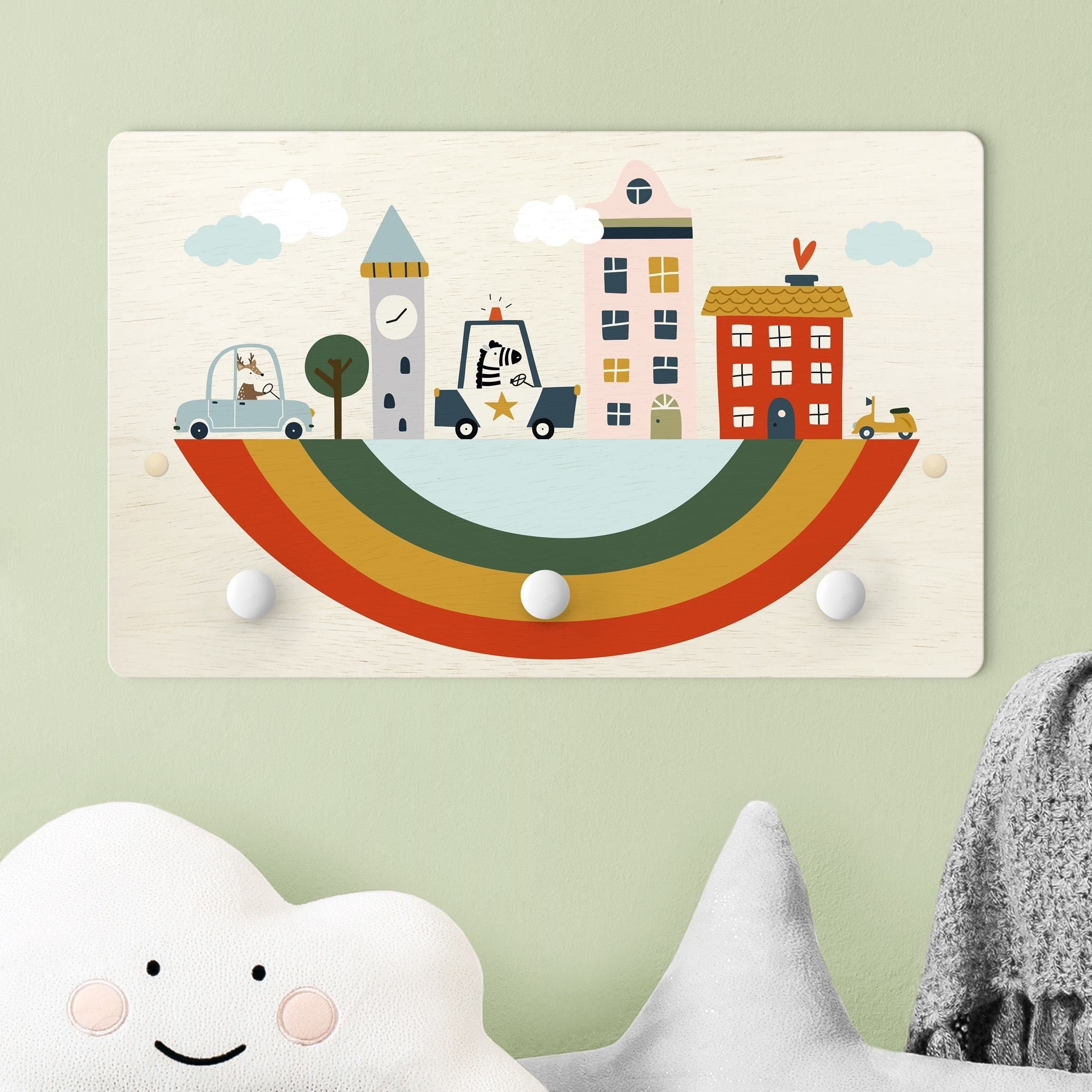 Bilderdepot24 Garderobenpaneel bunt Illustration Tiere Inselstadt im Himmel (Kindergarderobe holz Kleiderhaken für die Wand inkl. Montagematerial), moderne Wand Garderobenleiste Flur - kleine Hakenleiste Kinderzimmer