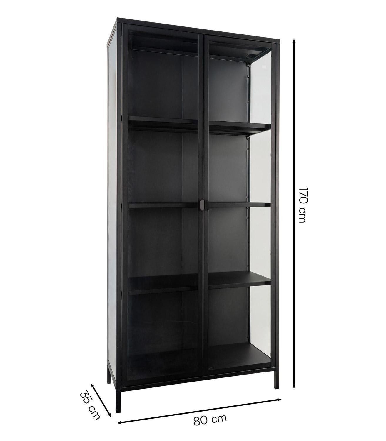 House Nordic Vitrine BRISBANE, Schwarz, Glas, Stahl, 2 Türen, 3 höhenverstellbare Einlegeböden, B 80 x H 175 x T 35 cm