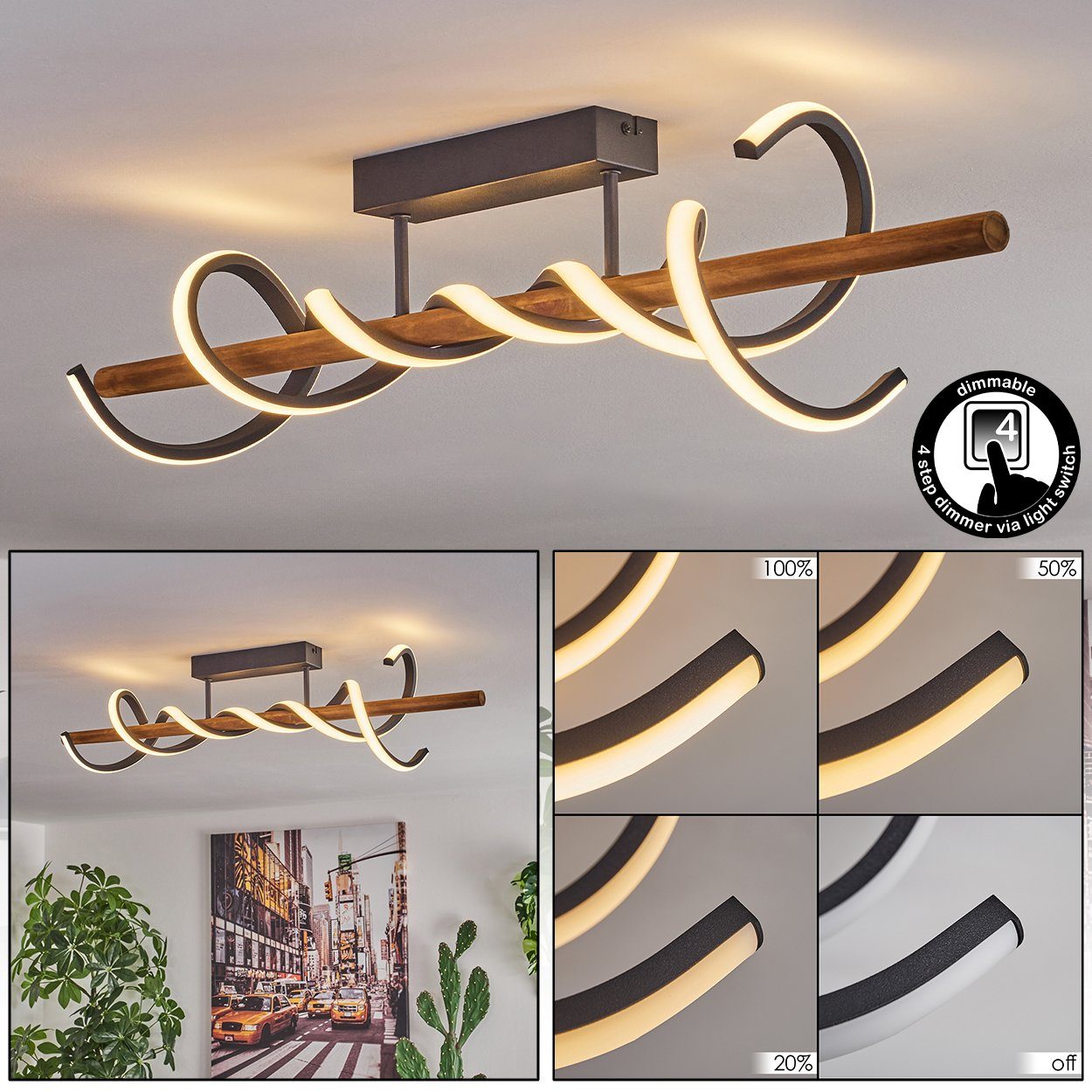 hofstein Deckenleuchte dimmbare Deckenlampe aus Metall/Holz/Kunststoff in Schwarz/Natur/Weiß, LED fest integriert, 3000 Kelvin, 38 Watt, 5200 Lumen, Länge Holzstab 80cm, dimmbar über Lichtschalter