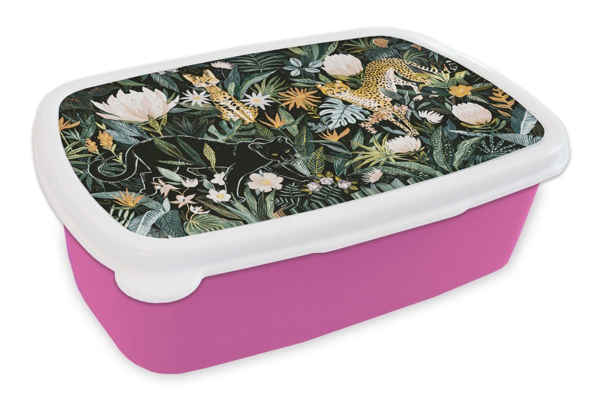 MuchoWow Lunchbox Dschungel - Tiere - Pflanzen, Kunststoff, (2-tlg), Brotbox für Erwachsene, Brotdose Kinder, Snackbox, Mädchen, Kunststoff rosa