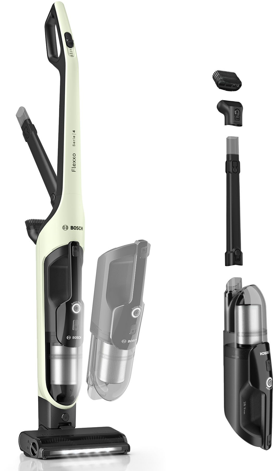 BOSCH Akku-Stielstaubsauger Flexxo Serie 4 BCH4FM28/BCH4SM28, 2in1 Akku-Staubsauger, freistehend, beutellos, kabellos, integriertes Zubehör, beutellos, 60 Min. Laufzeit