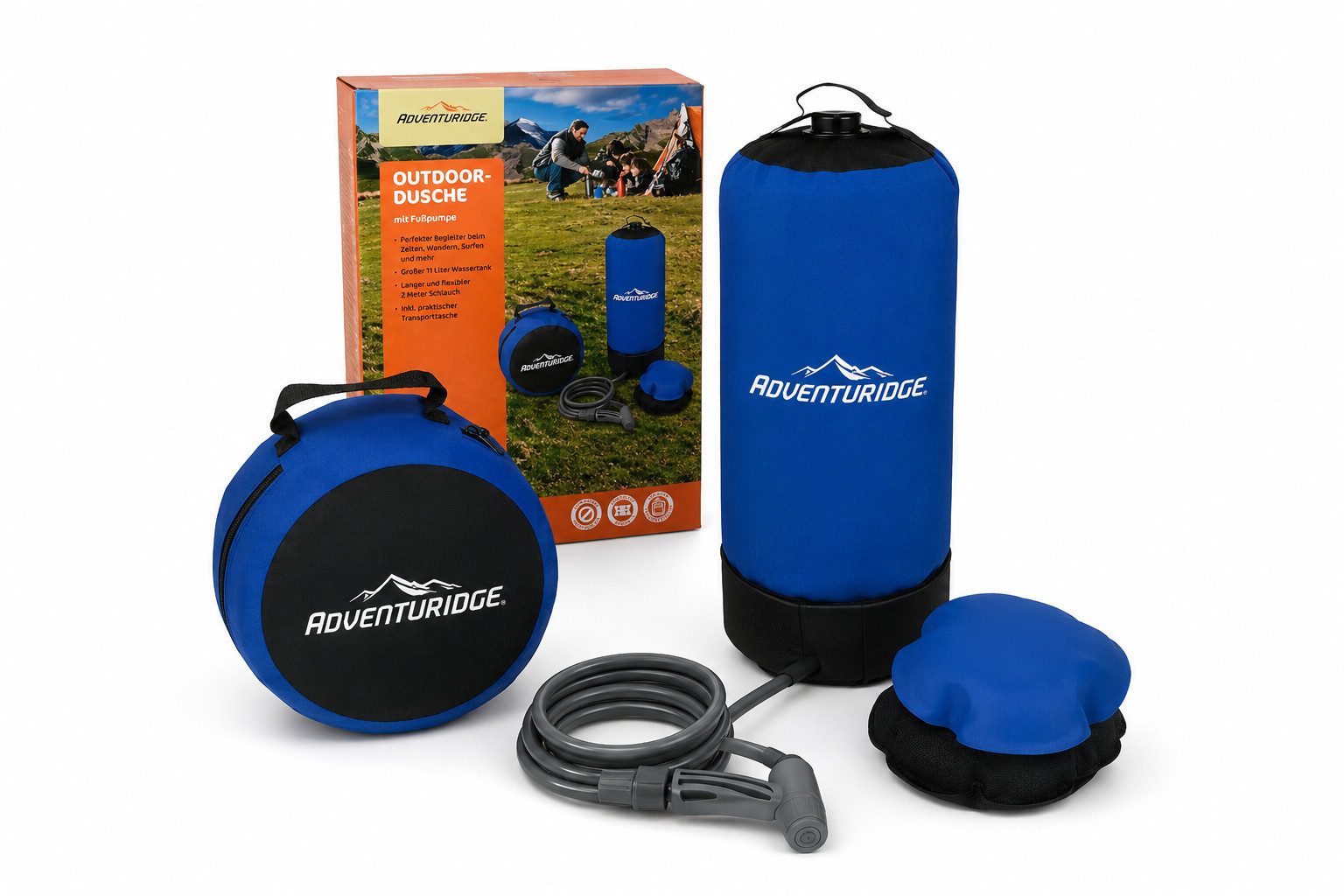 Adventuridge Gartendusche 11L Outdoor-Dusche Ideal für Camping mit Fußpumpe 2m Schlauch, mit Transporttasche & 2 m Schlauch