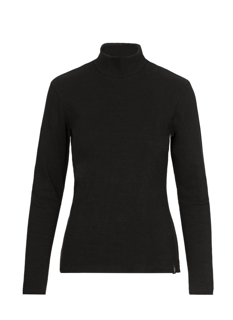 Shirt Trigema Stehkragen Longsleeve schwarz Langarm modischem mit TRIGEMA