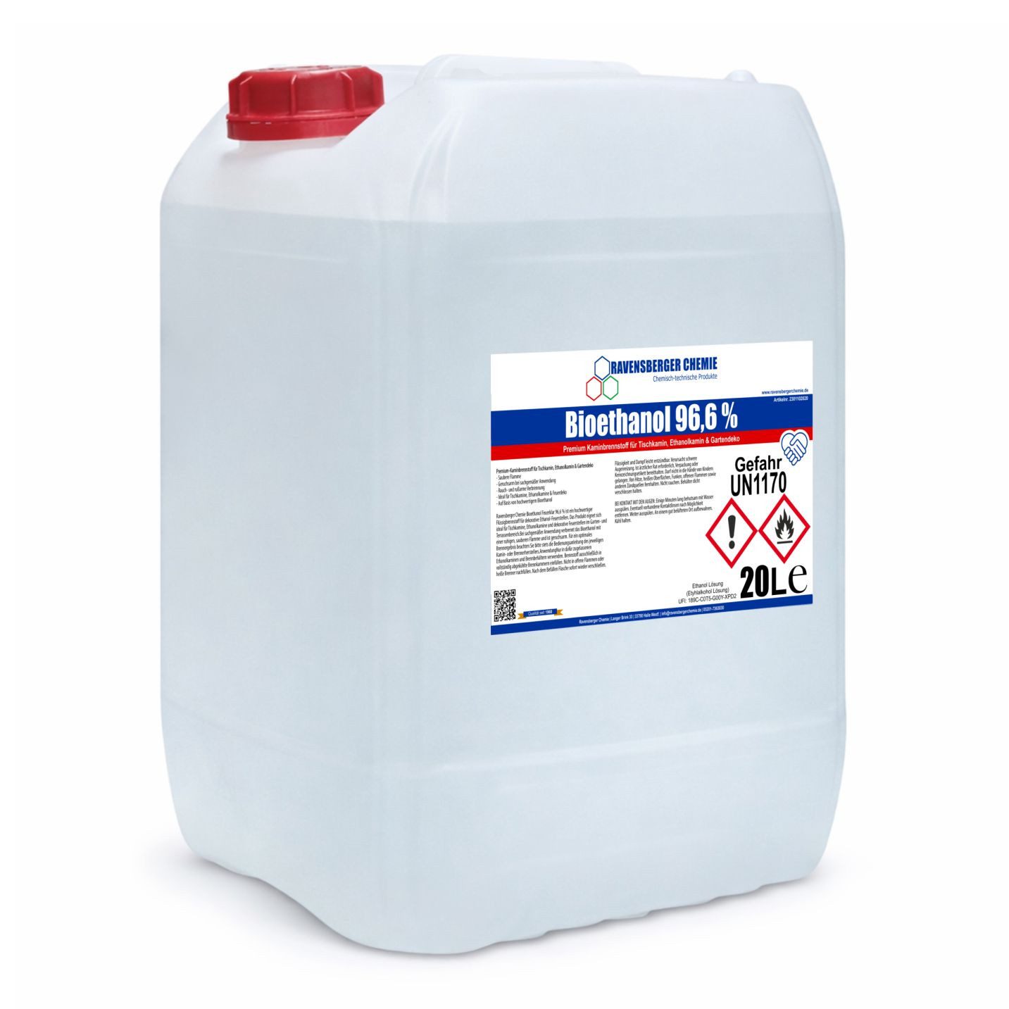 Ravensberger Chemie Bioethanol 96,6 % Premium Kamin Brennstoff für Tischkamin Ethanol Kamin - 20L, 20 l, Premium Bioethanol 96,6 % für Tischkamin & Ethanolkamin - 20 Liter