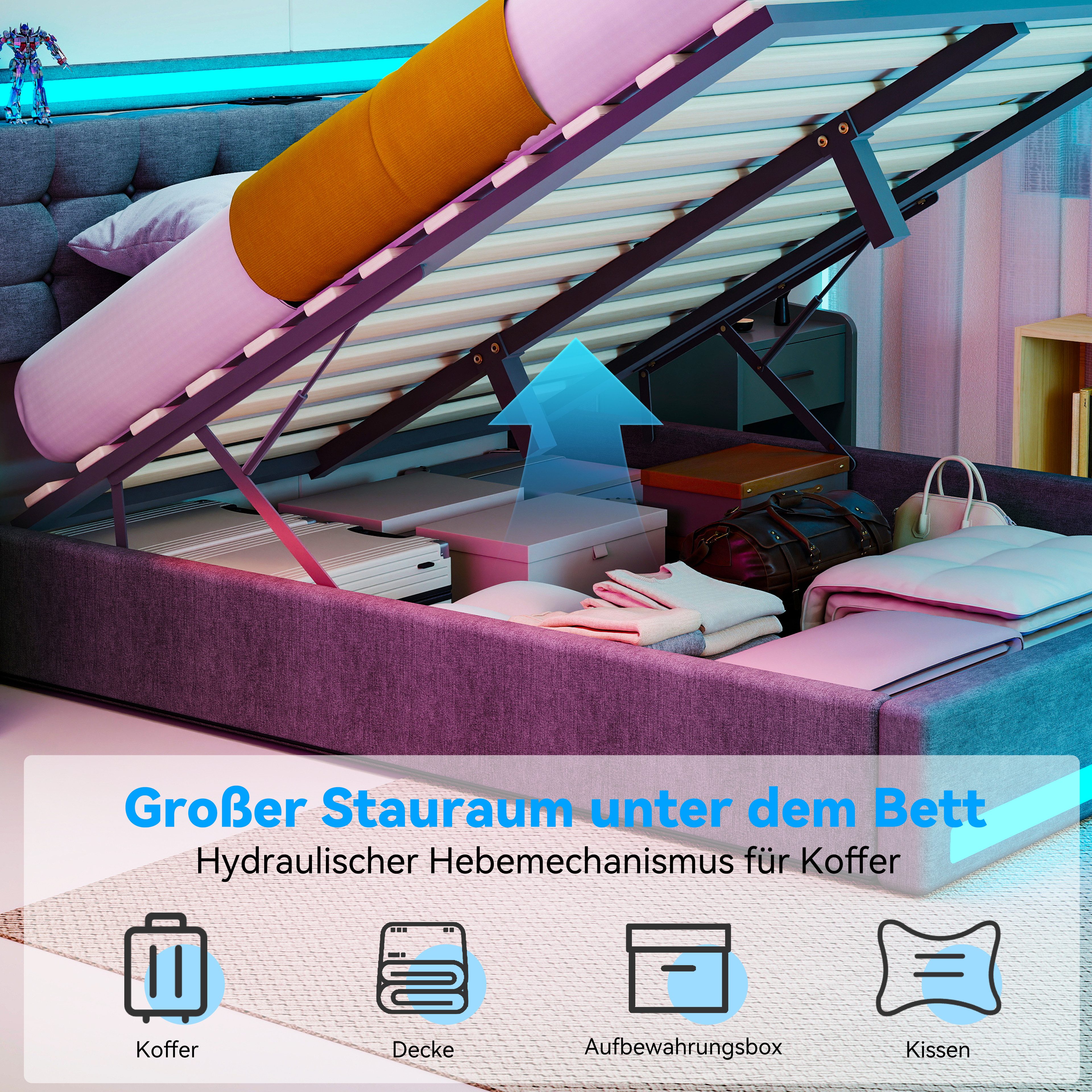 oyajia Stauraumbett LED Hydraulisches Doppelbett 140x200cm mit Ladefunktion (LED, USB- & Typ-C-Ladestation), 90/140/160 x200cm mit Ladefunktion