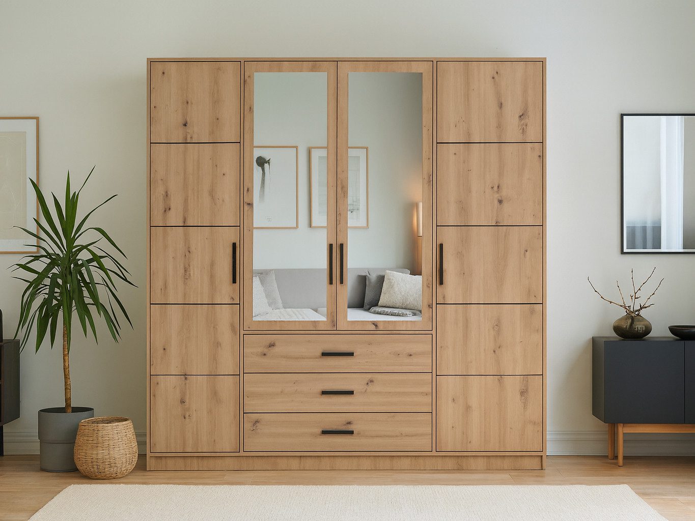 Beautysofa Drehtürenschrank KAVO mit Spiegel, 4 Türen und 3 Schubladen (Eiche Artisan, optional mit Aufsatz) Breite: 200 cm