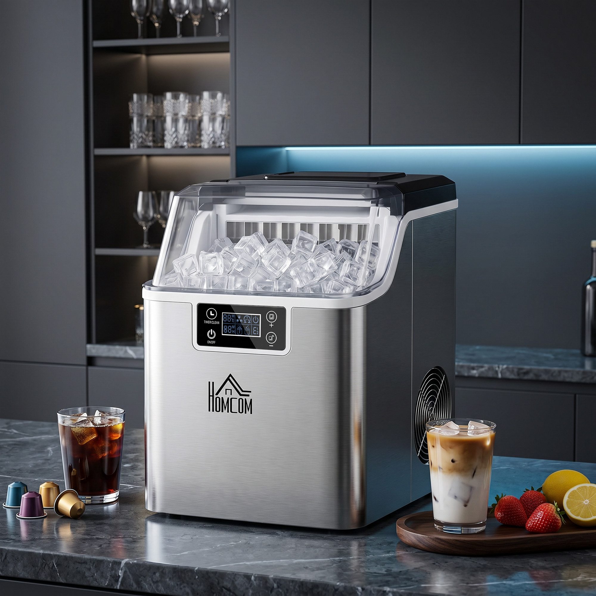 HOMCOM Eiswürfelmaschine Ice Maker, 24 Nugget Eiswürfel, 20kg/24h, 2,1L Wassertank, Selbstreinigung Silber 25,2 x 36 x 37,1 cm