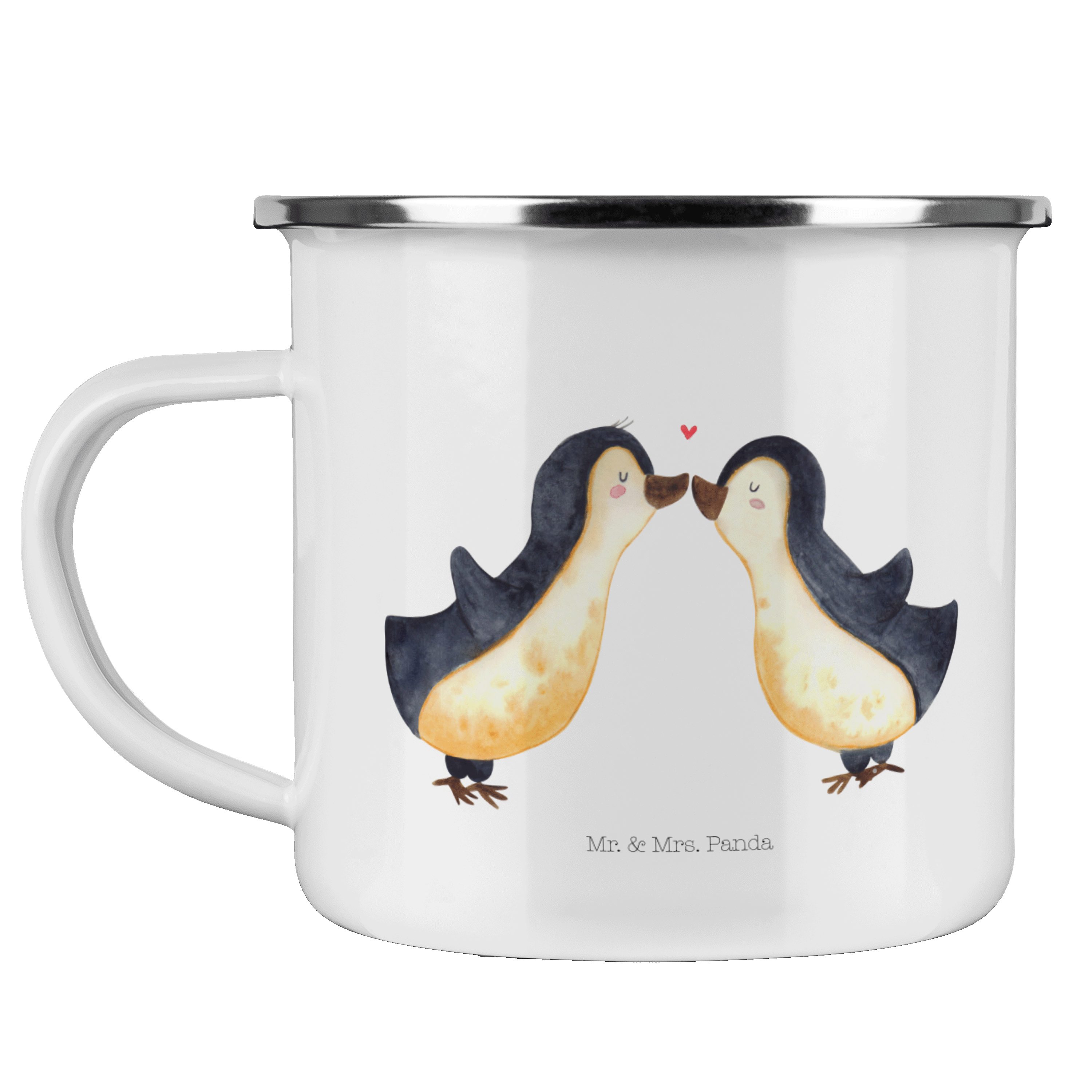 Mr. & Mrs. Panda Becher Pinguin Liebe - Weiß - Geschenk, glücklich, Metalltasse für Camping, Emaille