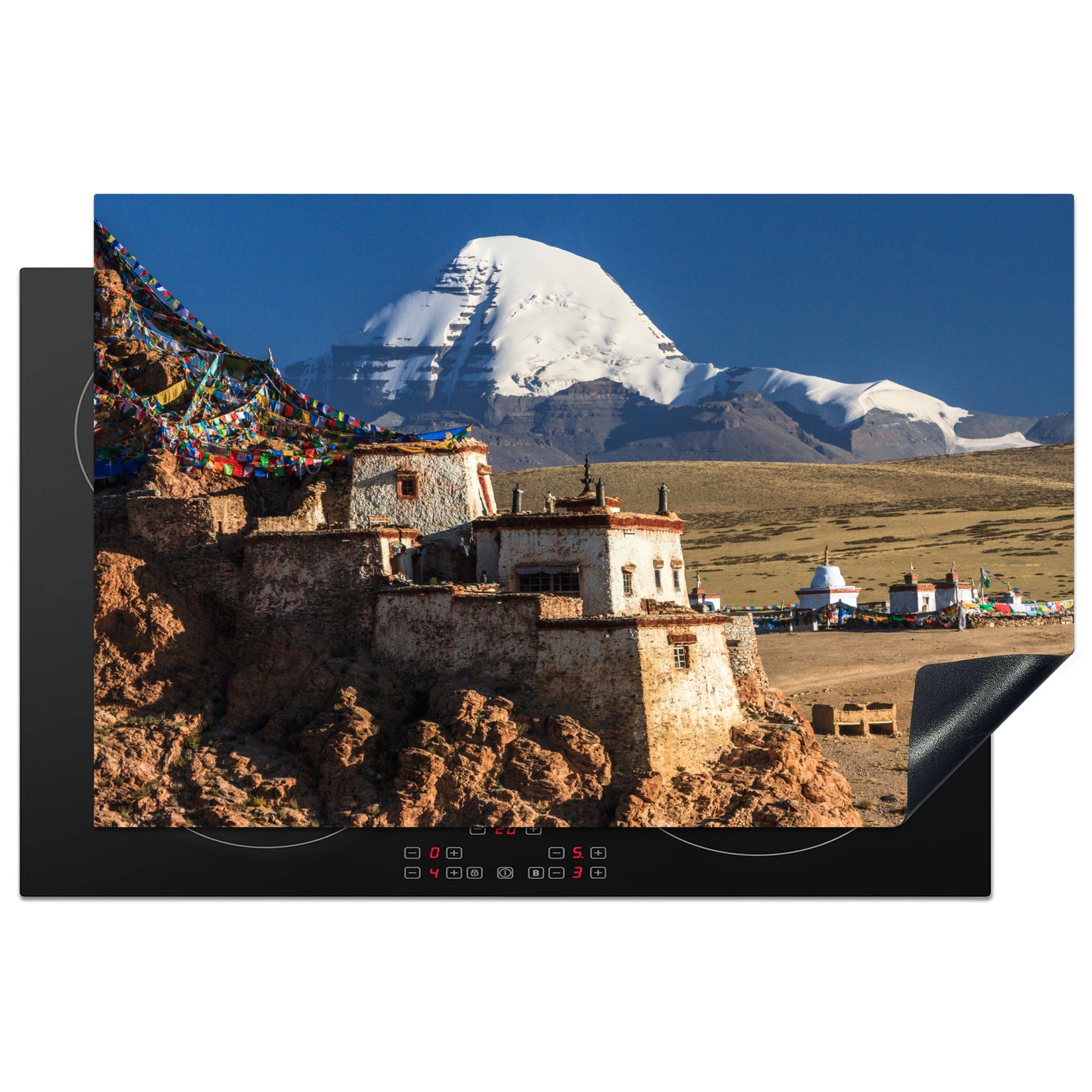 MuchoWow Herdblende-/Abdeckplatte Dämmerung über dem tibetischen Kailash bei China, Vinyl, (1 tlg), 81x52 cm, Induktionskochfeld Schutz für die küche, Ceranfeldabdeckung