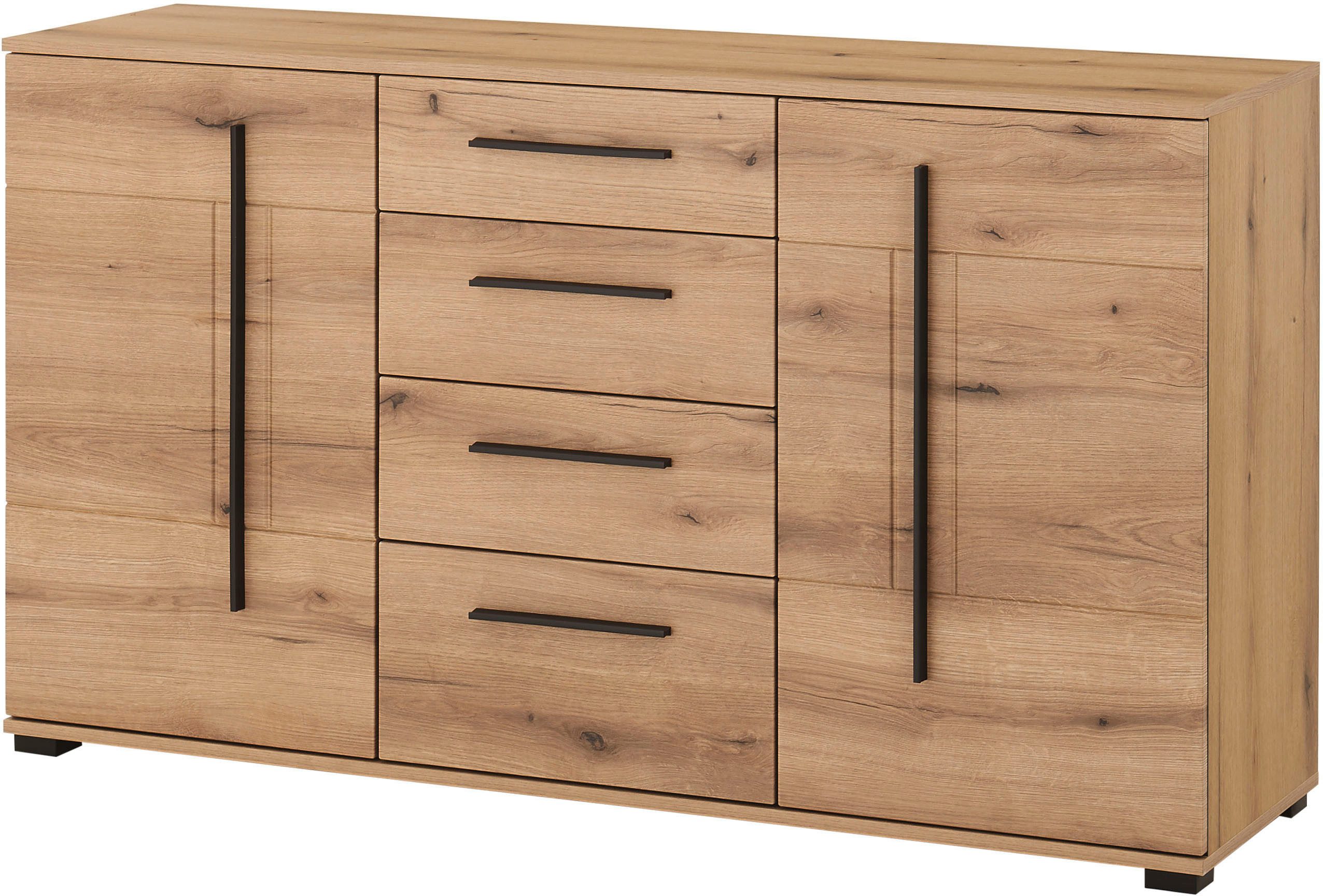 INOSIGN Sideboard Cantara, moderner Schrank, Kommode in Eiche Evoke oder weiß, schwarze Stangengriffe, ausreichend Stauraum, vielseitig einsetzbar, Artikelmaße (aufgebaut): 150/42/86 cm (B/T/H)