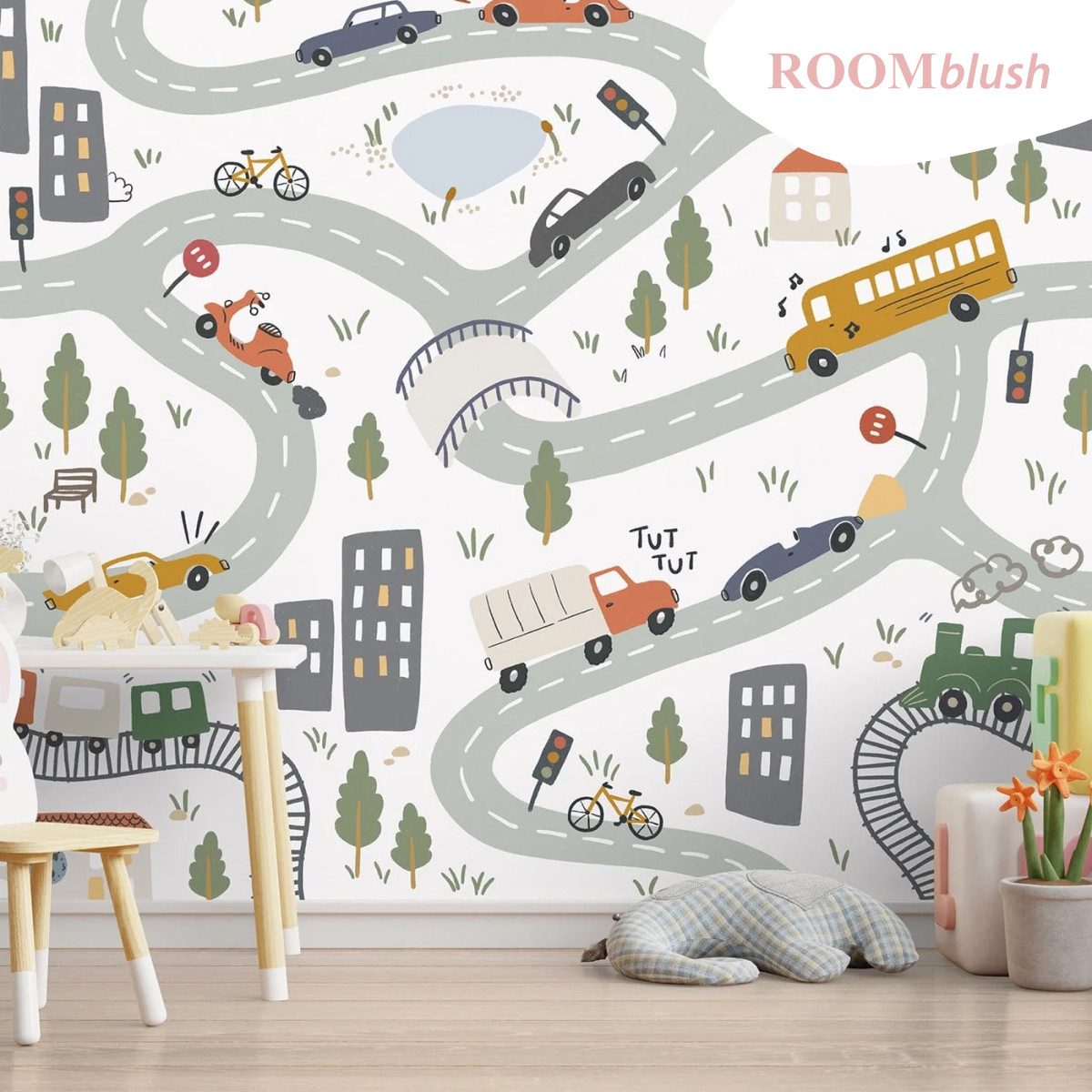 Rasch Fototapete Autos Cars in Gelb, Roomblush - RB384 - 2,85m x 3,00m, glatt, kindlich, urban, gemustert, grafisch, mehrfarbig, Comic, (1 Rolle, 1 St), Kinderzimmertapete