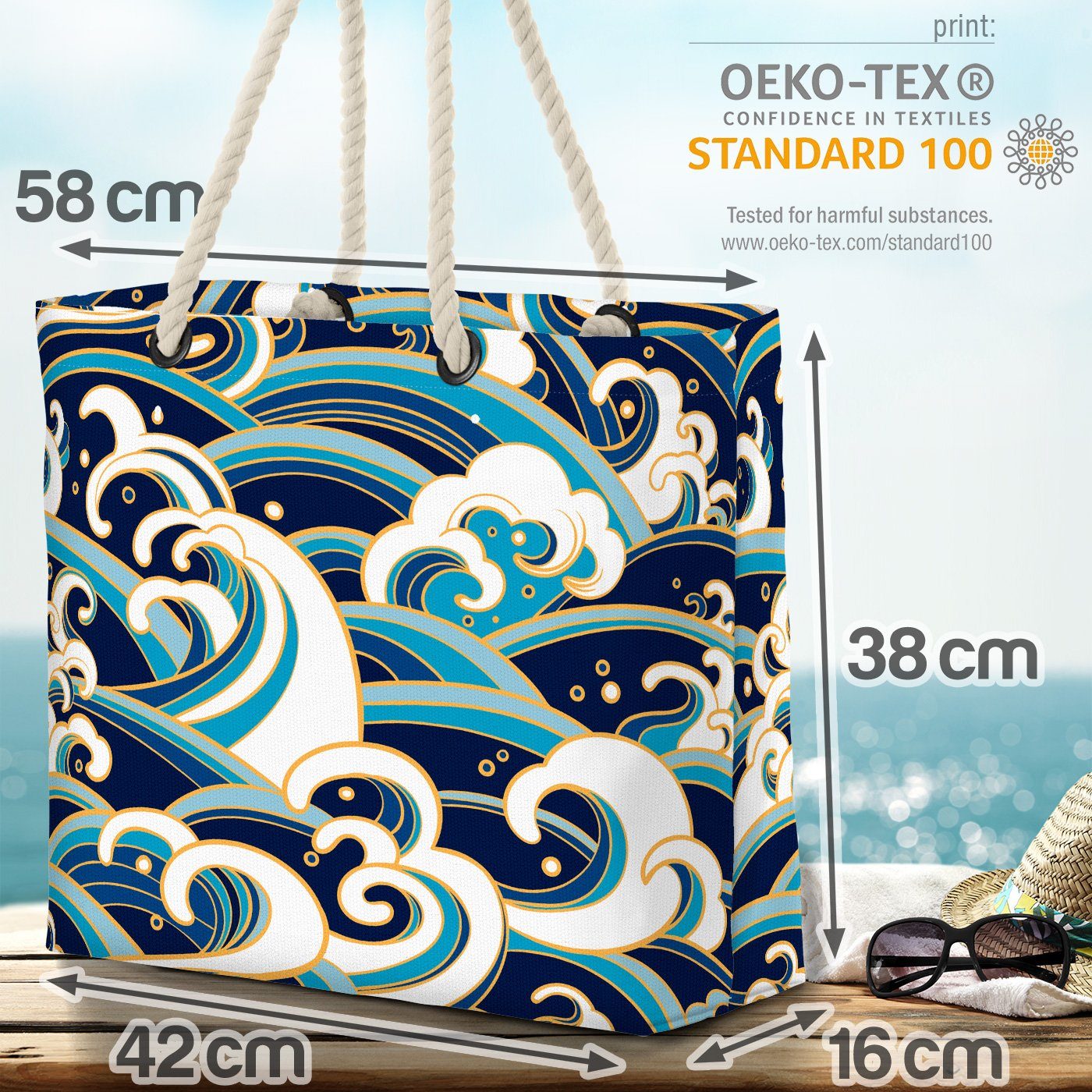 Bag wasser japan orientalisch Strandtasche VOID meer (1-tlg), nahtlos Wellen Ozean Beach Wirbel Gold welle
