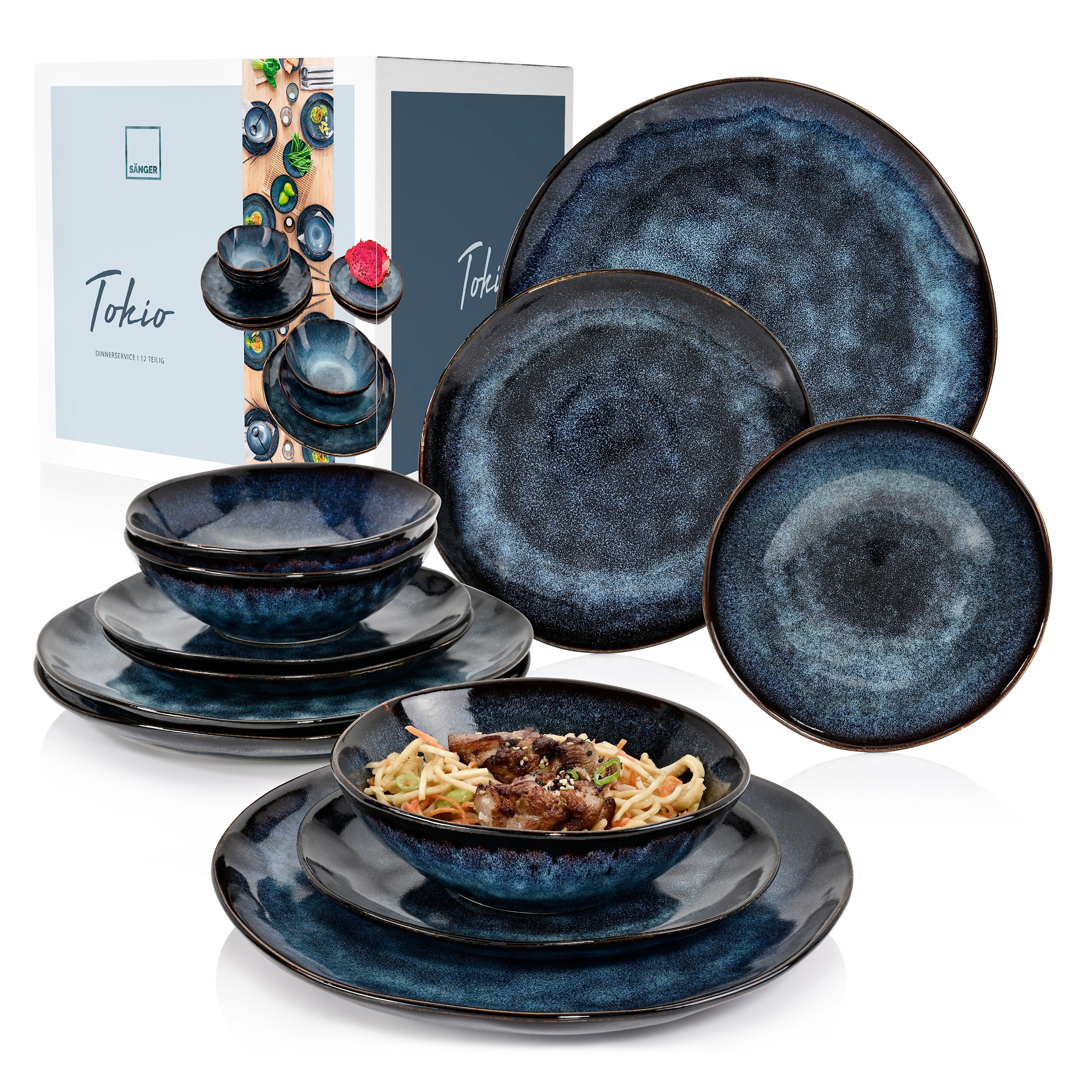 SÄNGER Tafelservice Tokio Geschirrset (12-tlg), 4 Personen, Steingut, Blau Schwarz, Handmade, Premium Collection