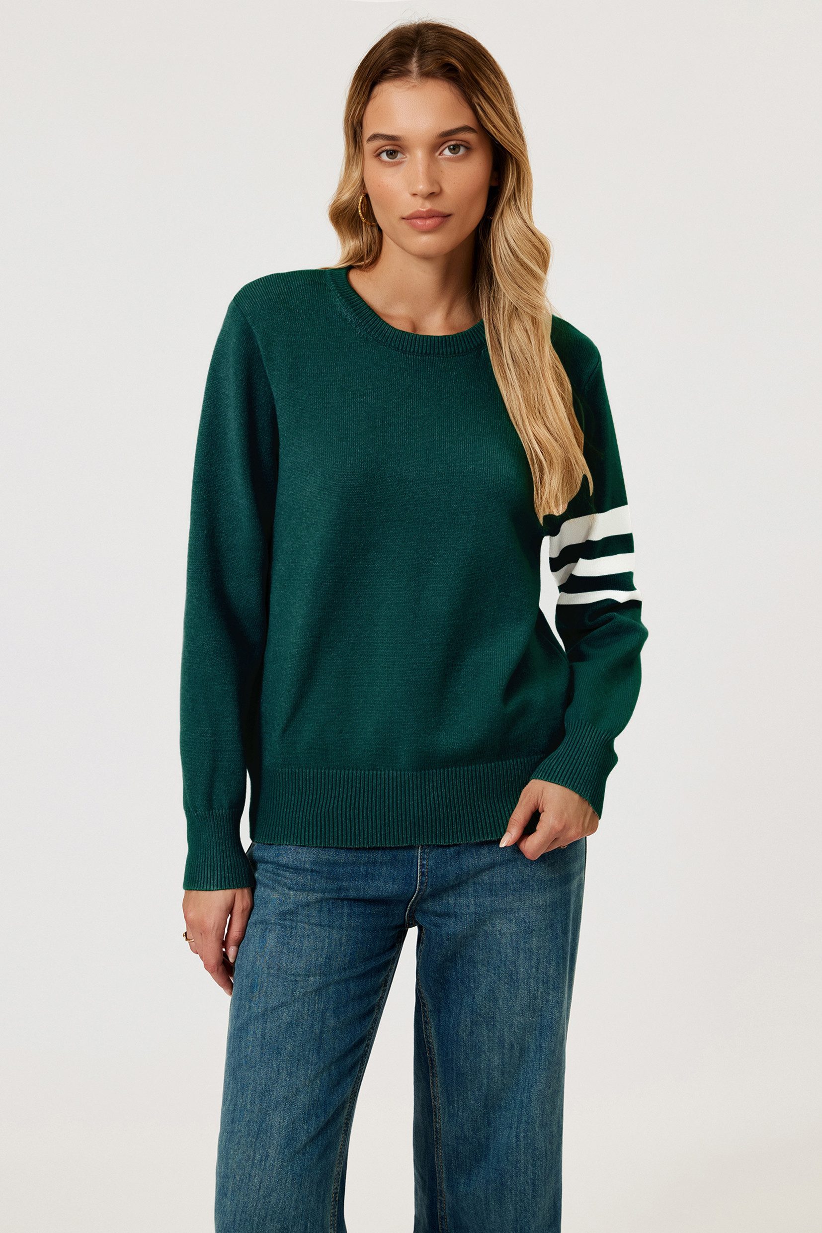 FS Collection Strickpullover Damen Gestreifter Strickpullover mit Rundhals, Einheitsgröße (Einheitsgröße: UK 8–14 / EU 36–44, 5 Farben : Blau, Olivegrün, Schwarz, Dunkelgrün undMarineblau) 56 % Viskose, 26 % Polyester, 18 % Wolle