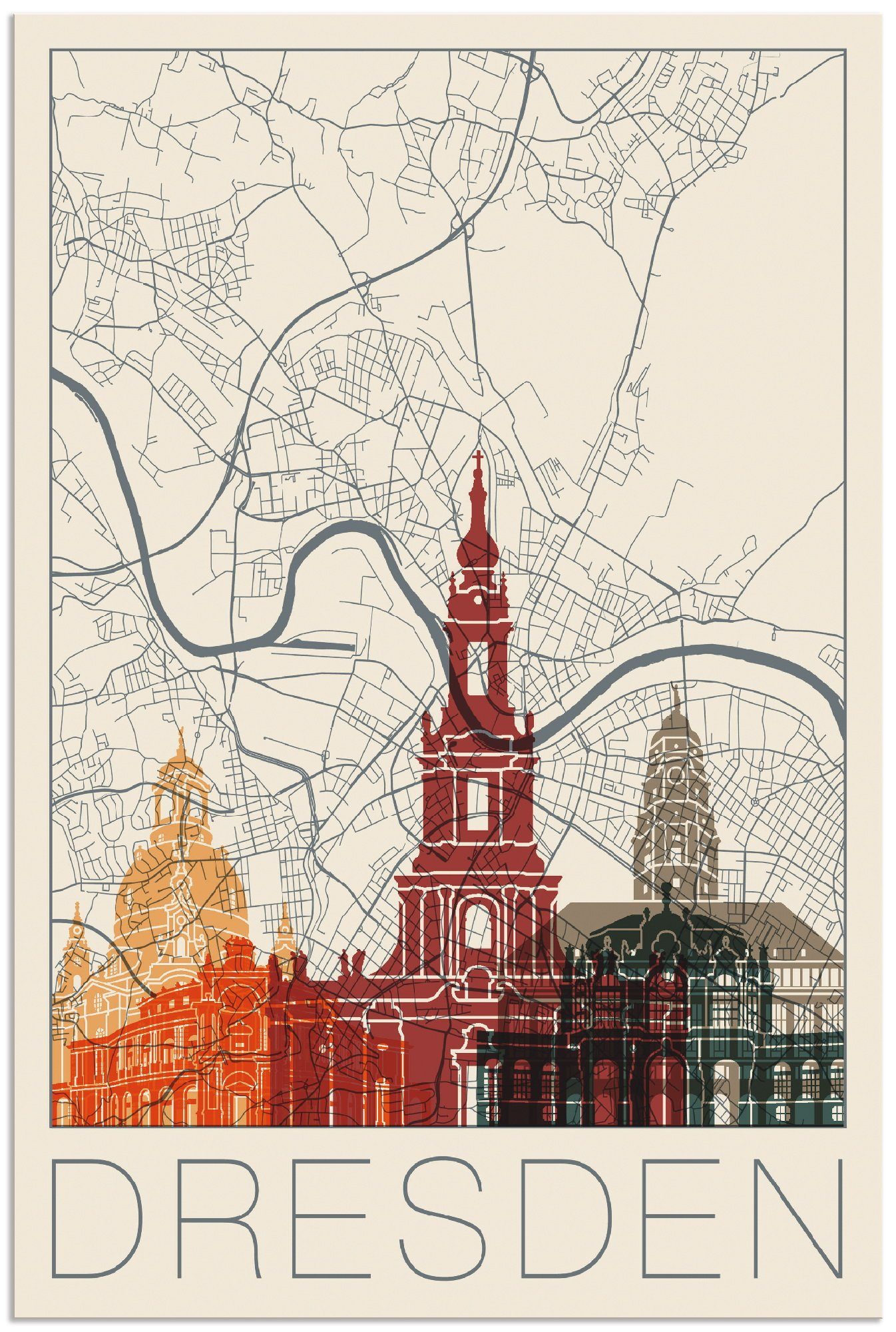 Artland Wandbild Retro Karte Dresden, Deutschland (1 St), als Alubild, Leinwandbild, Wandaufkleber oder Poster in versch. Größen