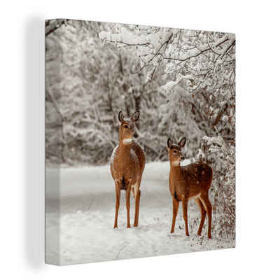 OneMillionCanvasses® Leinwandbild Hirsche - Schnee - Bäume, (1 St), Leinwand Bilder für Wohnzimmer Schlafzimmer