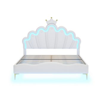 MODFU Polsterbett kronenförmiges Prinzessinnenbett, weiche Polsterung aus kunstleder (Polsterung aus kunstleder, verstellbarer LED-Umgebungslichtstreifen, Flaches Doppelbett 140*200cm), ohne Matratze