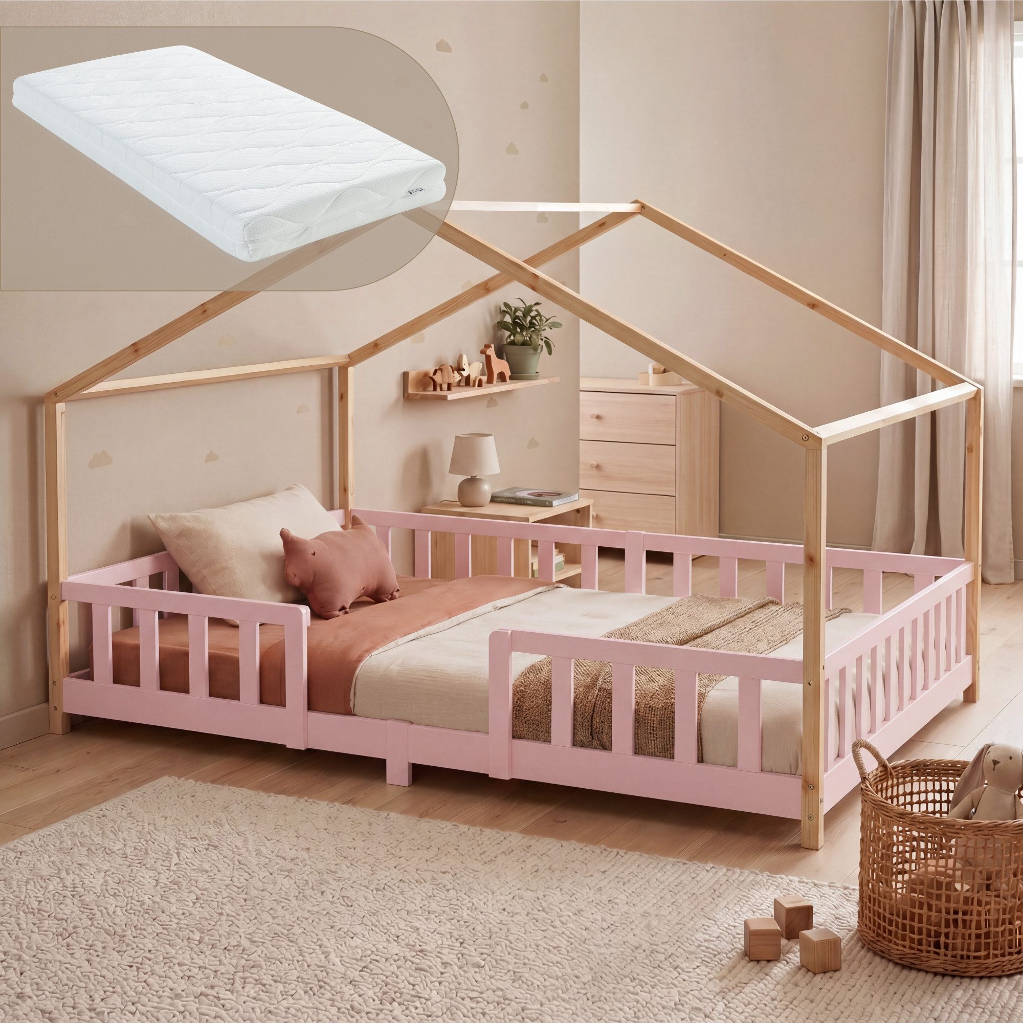 en.casa Kinderbett (Bett und Matratze), »Treviolo« mit Matratze Montessori Rosa/Natur 140x200 cm