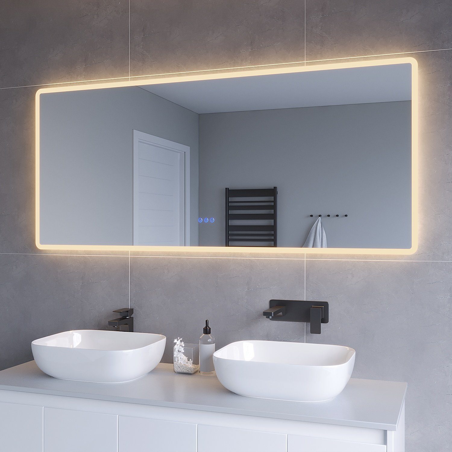 AQUABATOS LED-Lichtspiegel LED Badspiegel Groß Badezimmerspiegel mit Beleuchtung (Lichtspiegel Wandspiegel 140x70cm 100x70cm 160x70cm Kaltweiß 6400K, Neutralweiß 4500K, Warmweiß 3000K, Dimmbar, Memory-Funktion), Touch Schalter, Spiegelheizung, Energiesparend, IP44, Wandmontage