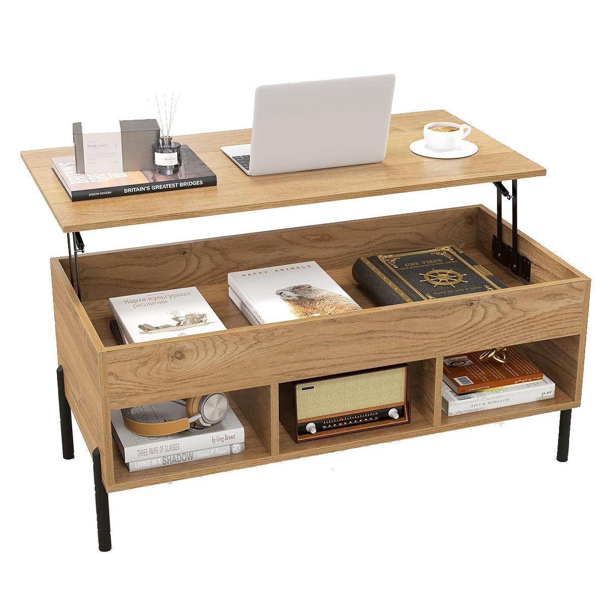 COSTWAY Couchtisch, höhenverstellbar, anhebbar, mit Stauraum & Fächern, Hol günstig online kaufen