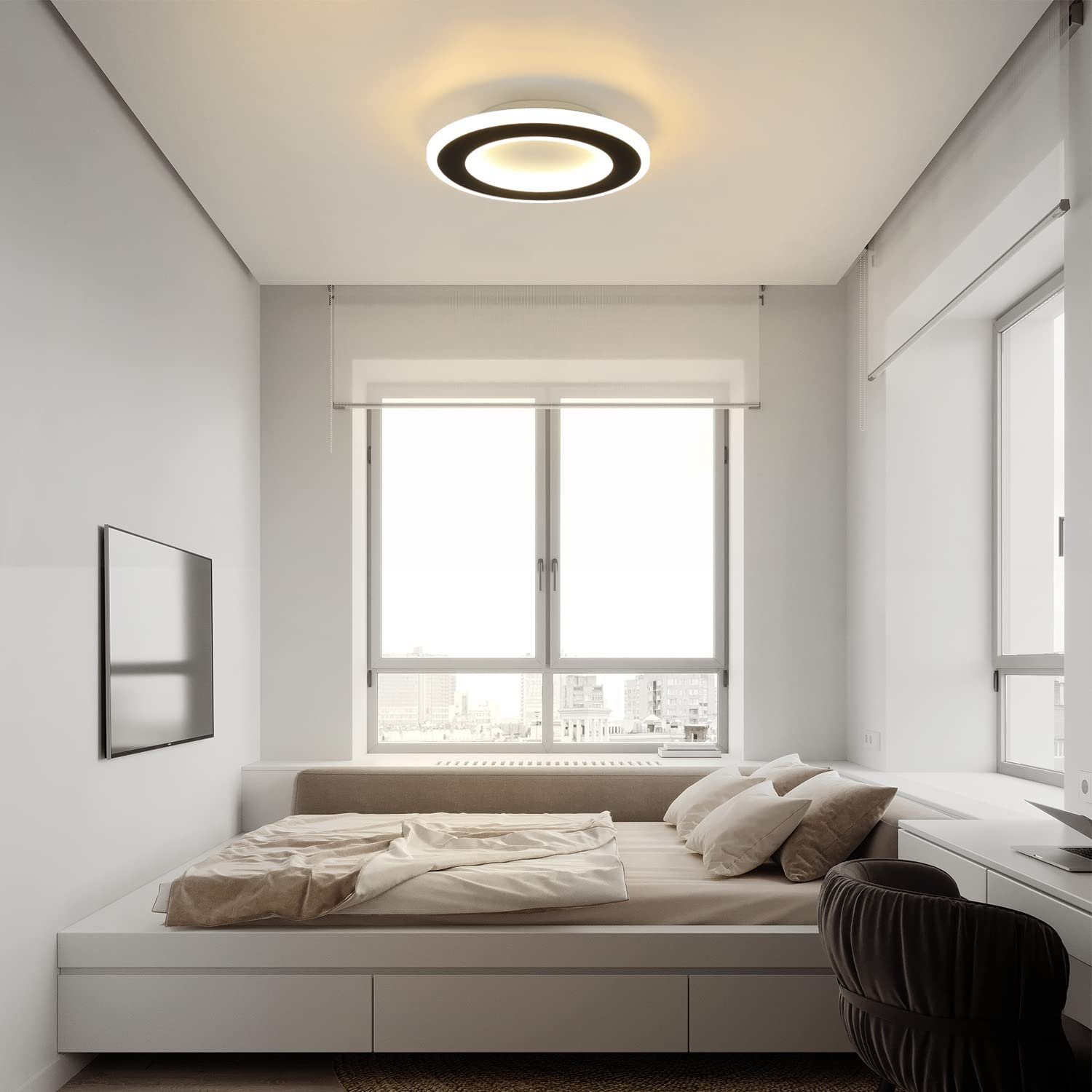 ZMH LED Deckenleuchte Deckenlampe Flurlampe LED Weiß Schwarz nicht dimmbar, Rund, 20W integriert, 24cm fest und Wohnzirmmer, B-B Warmweiß