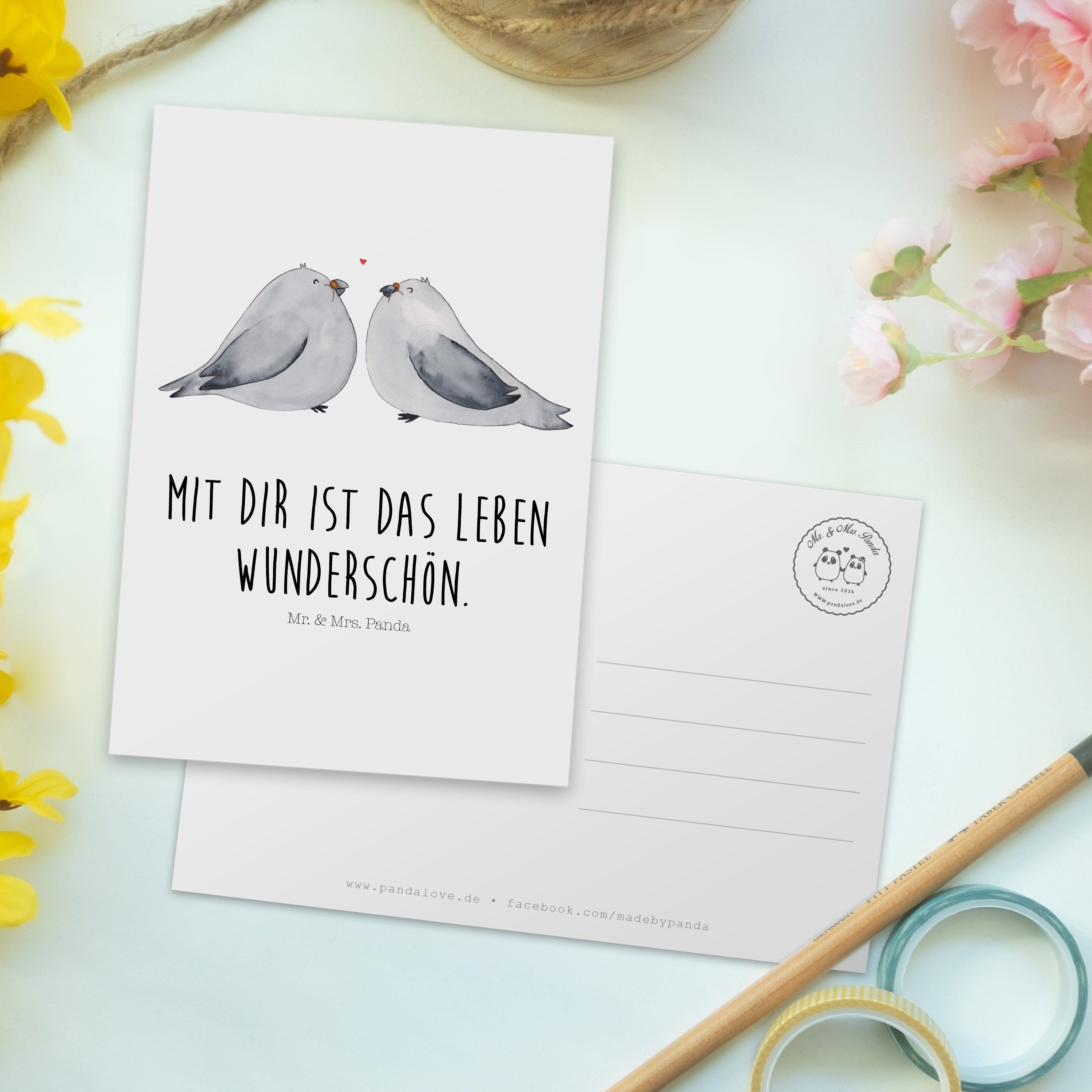 Mr. Panda & Mrs. - Geschenk, Liebe - Turteltauben Postkarte zweit, zu Weiß Geschenkkarte, Grußka