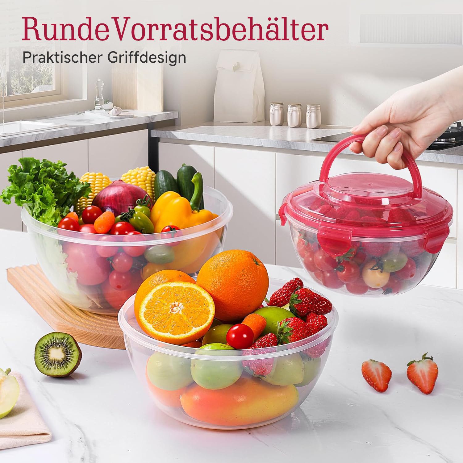 Elegear Müslischale Salatschüssel mit luftdicht Deckel, 4,5L/3,2L/1,8L/1L Salatschüssel, ABS, (1-tlg), mit Tragegriff Gabeln Löffel, Stapelbar Schüsseln Frischhaltedosen