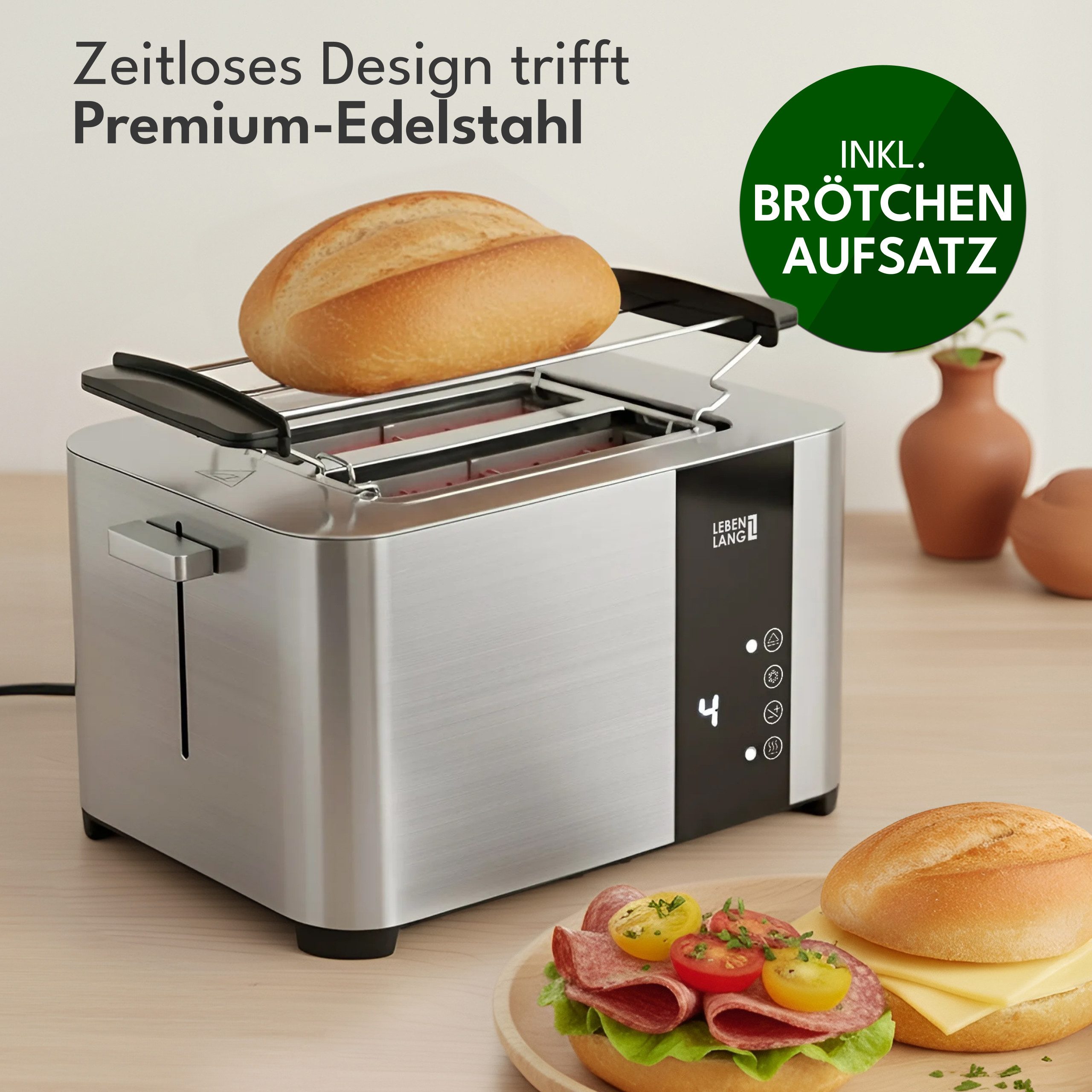 Lebenlang Toaster Premium 2-Scheiben Multifunktionstoaster aus Edelstahl, für 2-Scheiben, 850,00 W, mit Touchscreen-Display, 7 Bräunungsstufen und 4 Funktionen