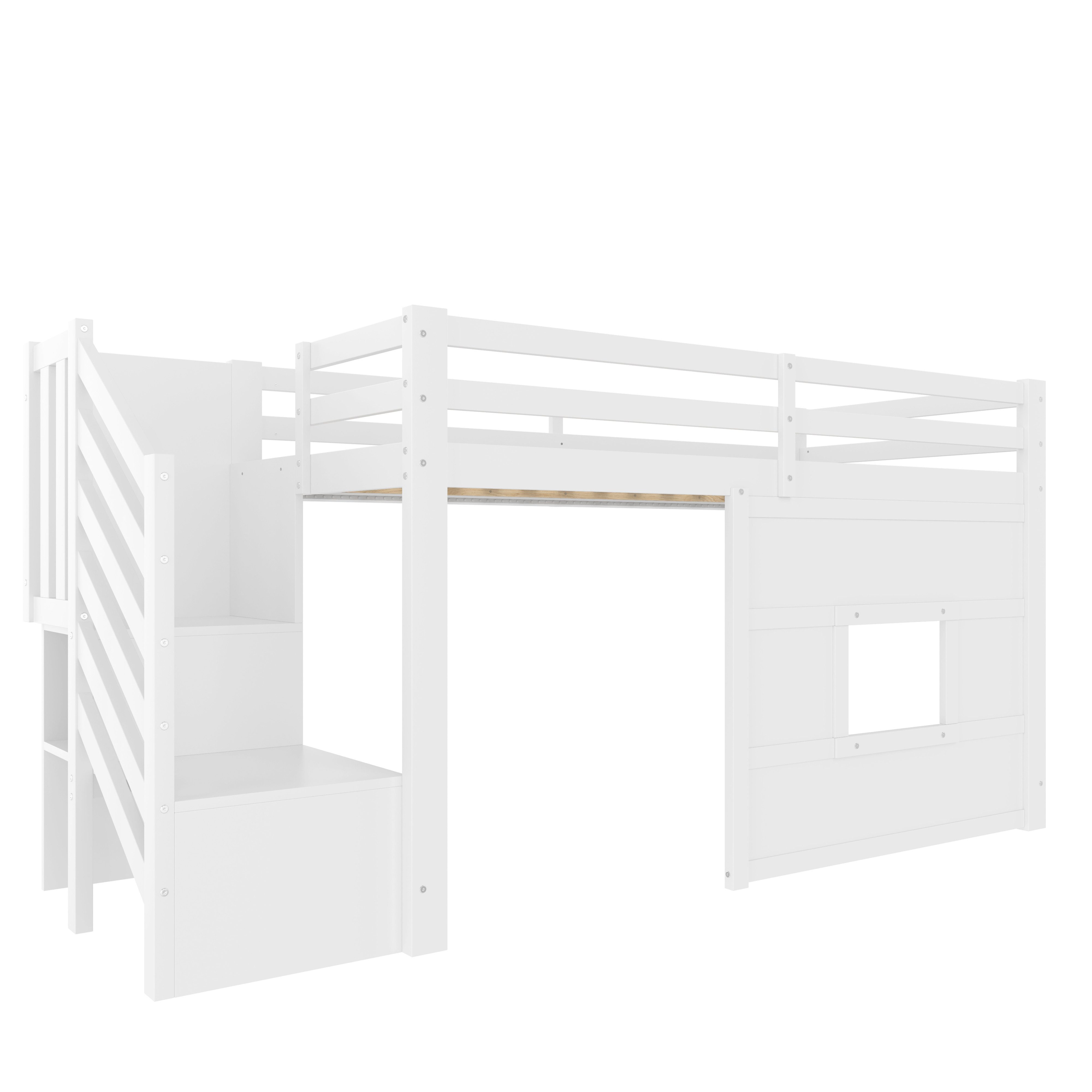 OKWISH Hochbett Kinderbett,Funktionsbett,Einzelbett (90x200 Hochbett mit Stauraumtreppe, Fenster & LED-Beleuchtung – Weiß, stabiler Kiefernholzrahmen, ideal für Kinderzimmer, platzsparend mit integriertem Stauraum, 1-St) mit Stauraumtreppe und Fenster