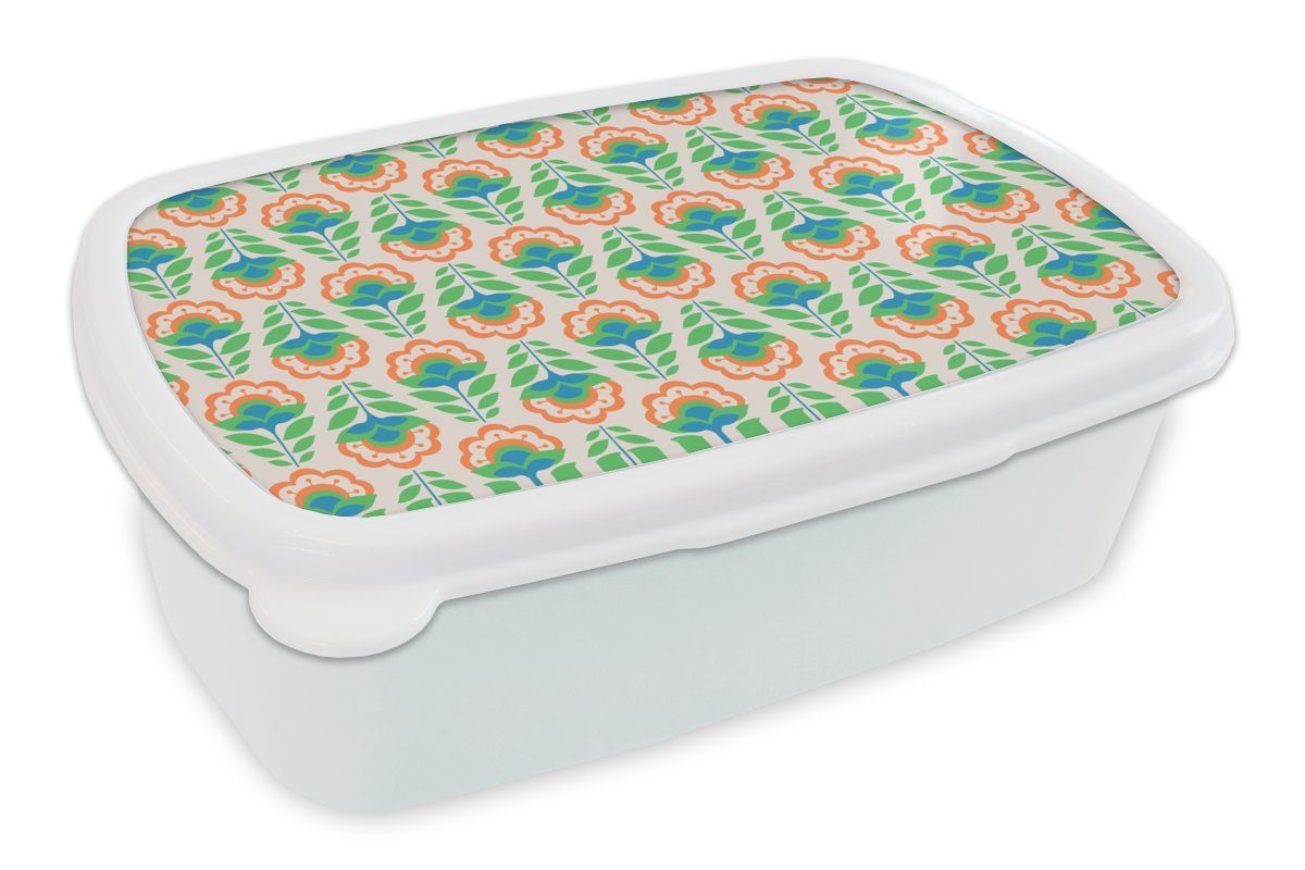 MuchoWow Lunchbox Retro - Blumen - Design - Grün - Orange, Kunststoff, (2-tlg), Brotbox für Kinder und Erwachsene, Brotdose, für Jungs und Mädchen weiß