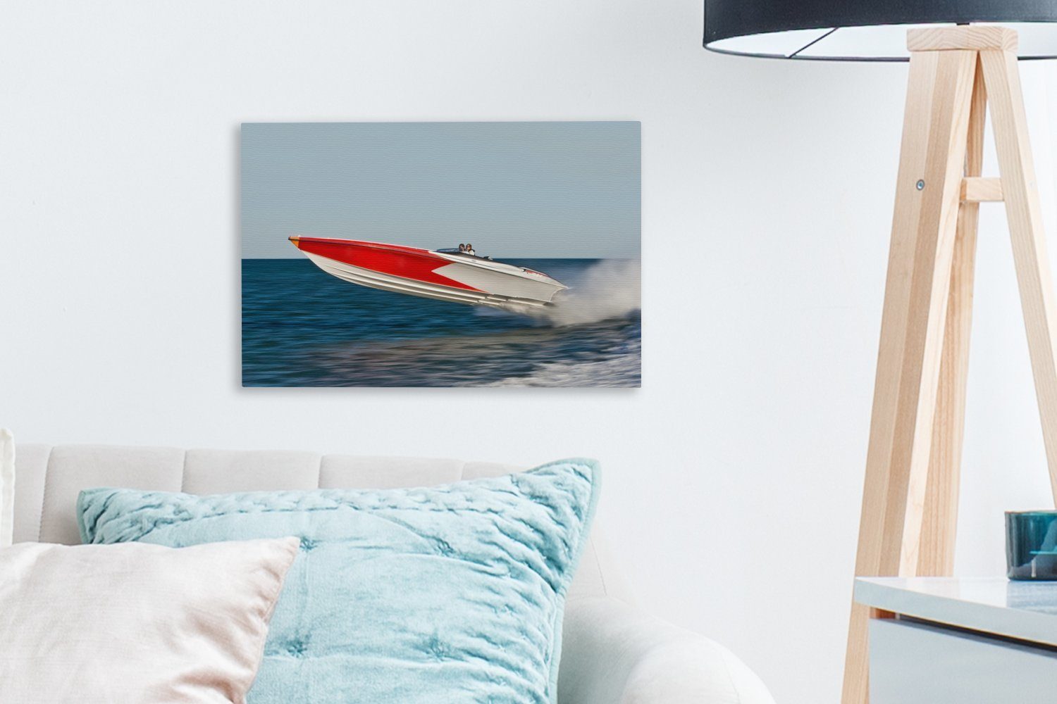Meer, cm St), 30x20 über (1 das Aufhängefertig, Leinwandbild Schnellboot gleitet Wandbild Wanddeko, OneMillionCanvasses® Leinwandbilder,