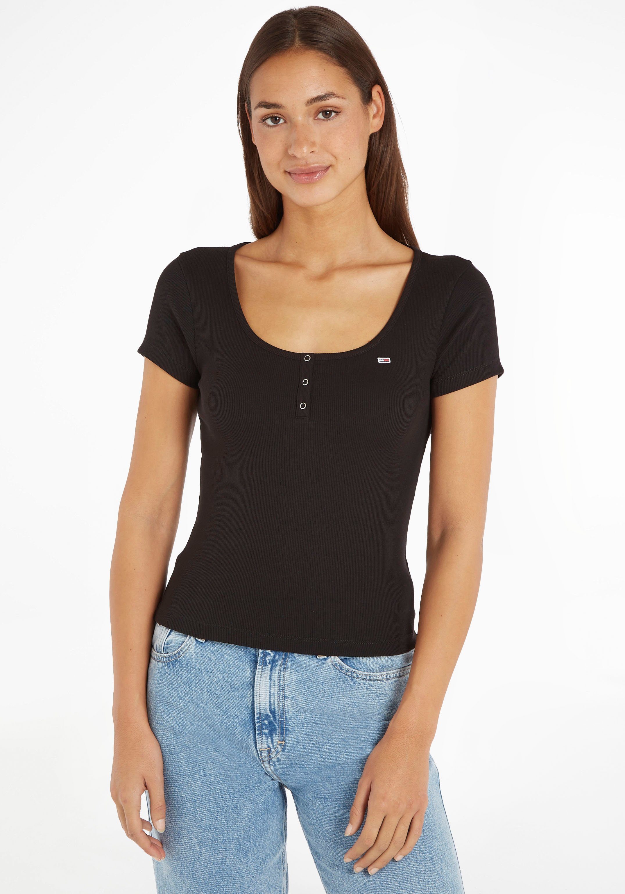 Tommy Jeans RIB Logostickerei C-NECK Jeans TJW Tommy BBY mit T-Shirt BUTTON Black