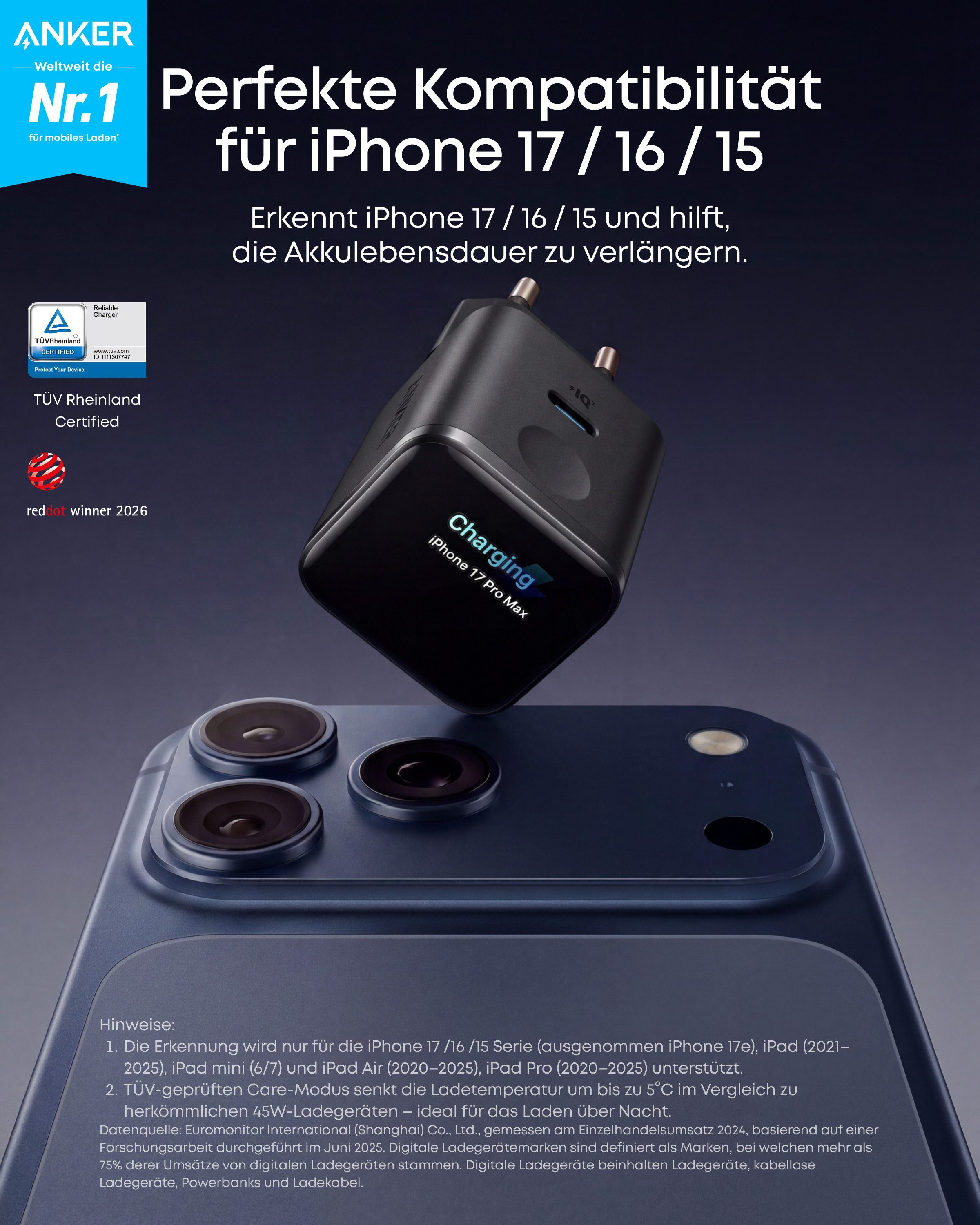Anker Anker Nano 45W USB C Ladegerät mit Smart Display für iPhone Schnelllade-Gerät (GaN Ladegerät für iPhone 17 Pro Max iPhone 17/16/15 Serie) – Bild 2 von 5