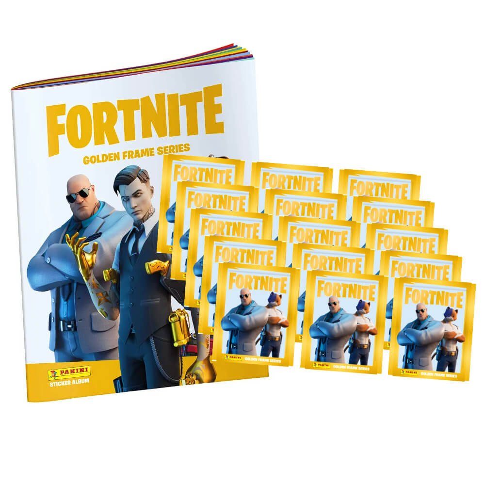 Panini Sticker Panini Fortnite Gold Frame Sticker - Fortnite Sammelsticker - 1 Album, (Set), Fortnite Gold Frame Sticker - 1 Album + 15 Tüten