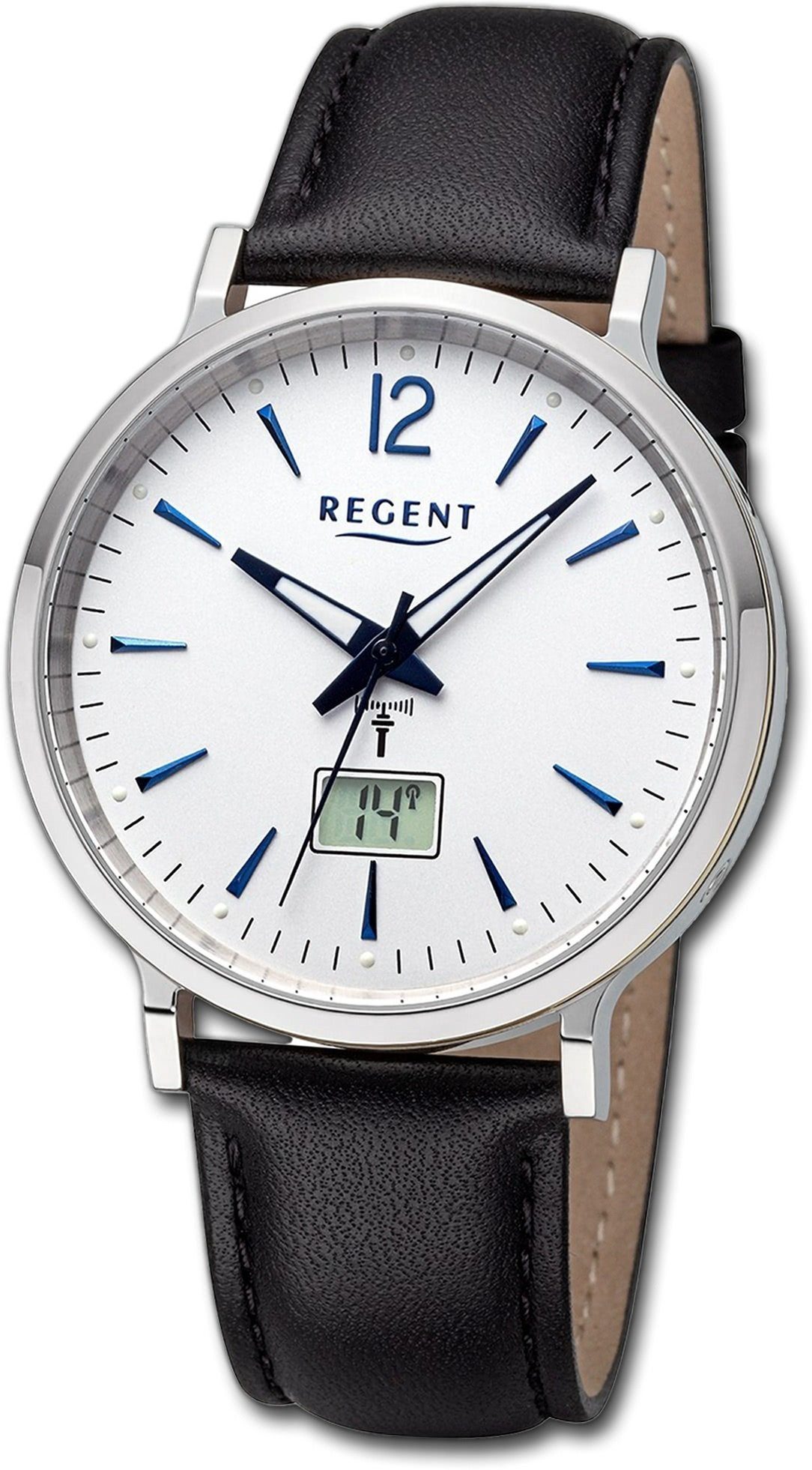 Regent Quarzuhr Regent Herren Armbanduhr Analog-Digital, Herrenuhr Lederarmband schwarz, rundes Gehäuse, extra groß (ca. 40mm)