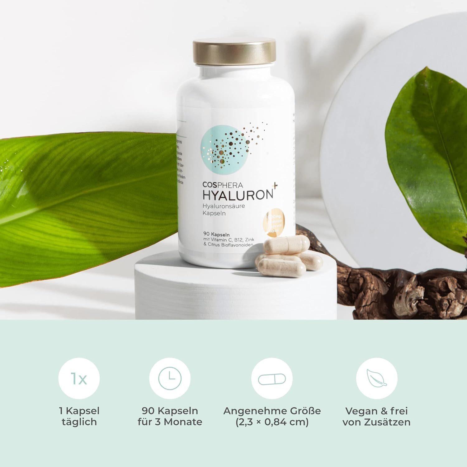 Cosphera Hyaluron Kapseln hochdosiert mit 500 mg pro Kapsel Eine Kapsel täglich mit ausreichend Flüssigkeit einnehmen.