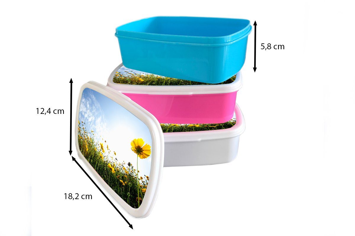 MuchoWow Lunchbox Gelbes Blumenfeld, für Brotdose (2-tlg), Erwachsene, Snackbox, Kinder, rosa Mädchen, Brotbox Kunststoff, Kunststoff