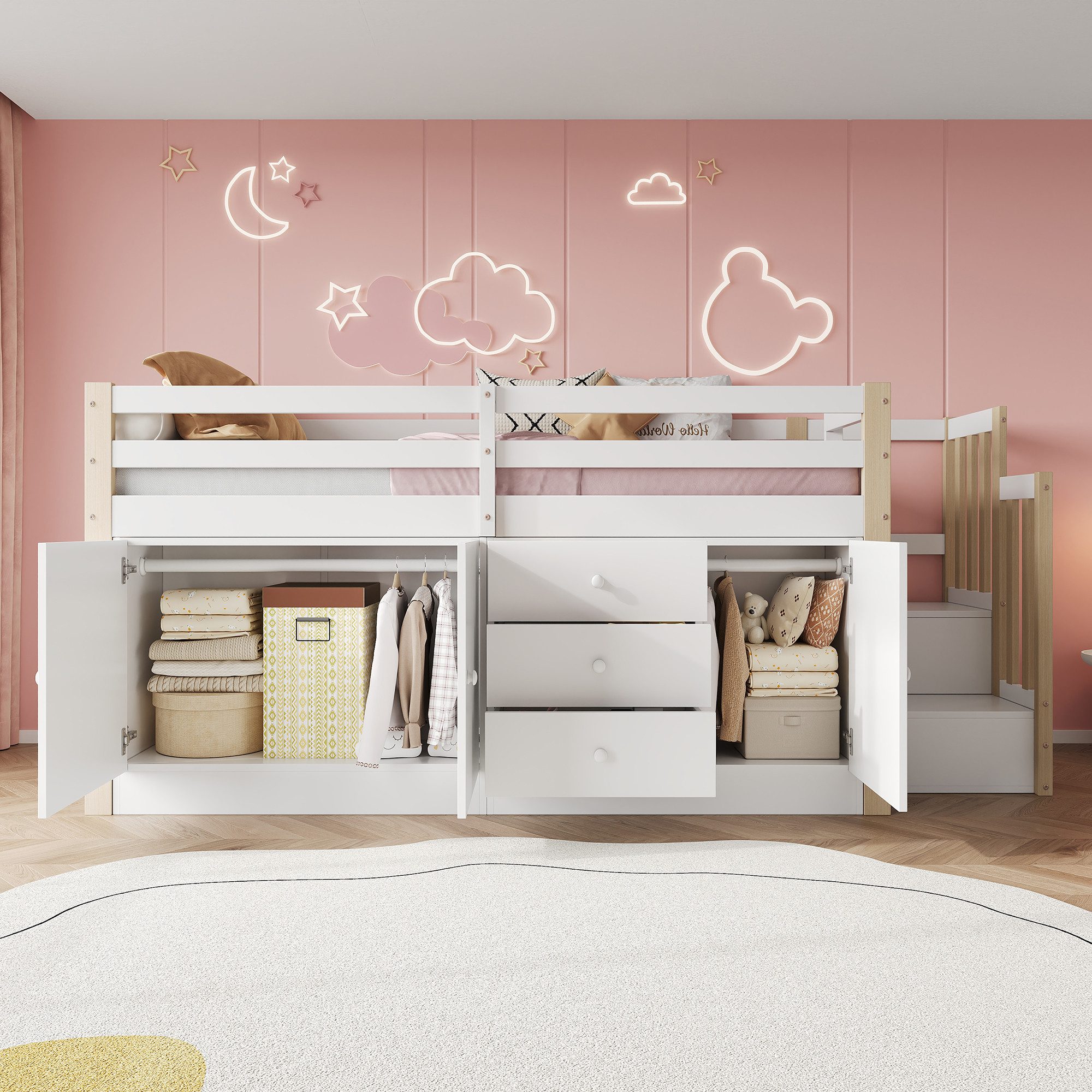 Flieks Hochbett Kinderbett 90x200cm mit Stauraumtreppe günstig online kaufen