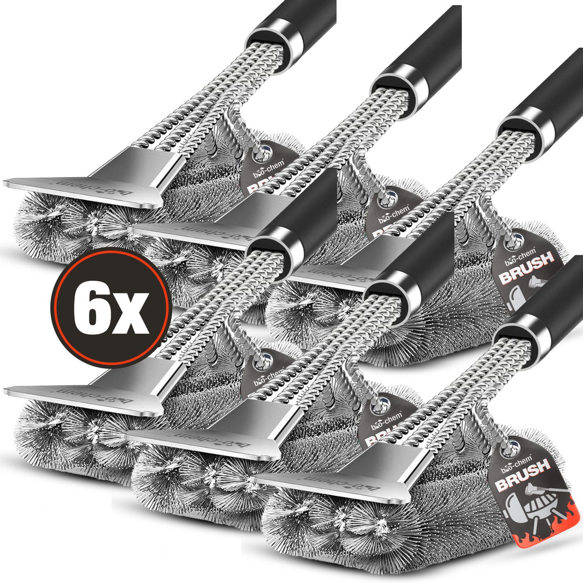 bio-chem Grillbürste Grillbürste, Gasgrill, Grillrost, Holzkohlegrill, Kugelgrill, (Sparpaket, 6x Grillbürste), 3-facher Bürstenkopf & ergonomischer Griff