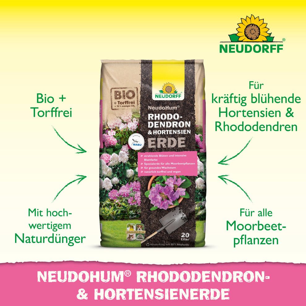Neudorff Spezialerde NeudoHum Rhododendron- und HortensienErde 40 Liter, mit Organischer Naturdünger, (Torffreie Rhododendronerde für alle Moorbeetpflanzen, für Rhododendron, Azaleen, Kamelien, Heidepflanzen und Hortensien), Torffreie Spezialerde mit niedrigem pH-Wert